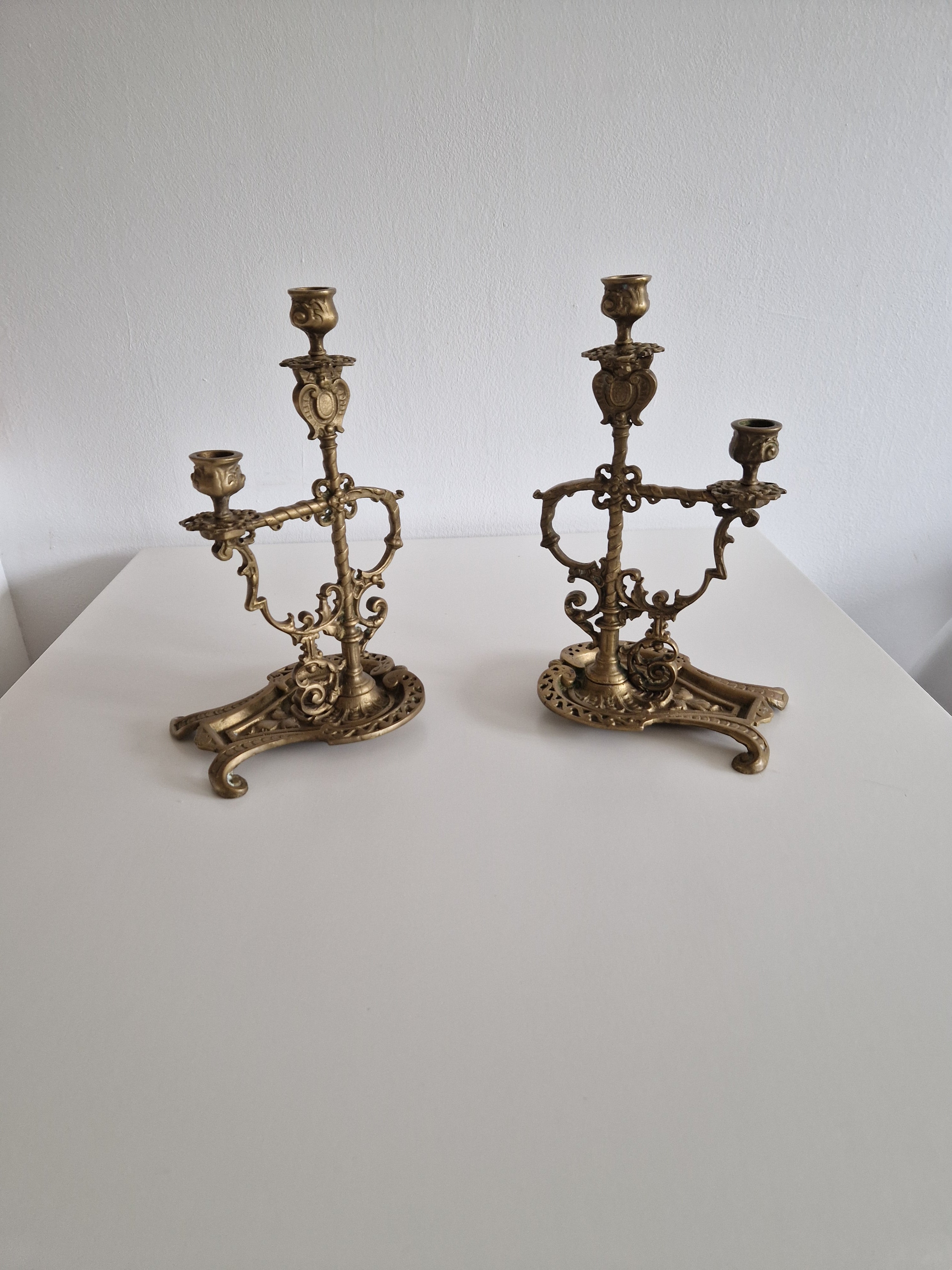 Matched Pair of Antique Brass 2-Arm Candelabra – Baroque Rococo, Barley-Twist Stem