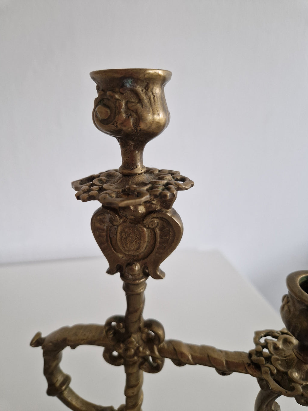 Matched Pair of Antique Brass 2-Arm Candelabra – Baroque Rococo, Barley-Twist Stem