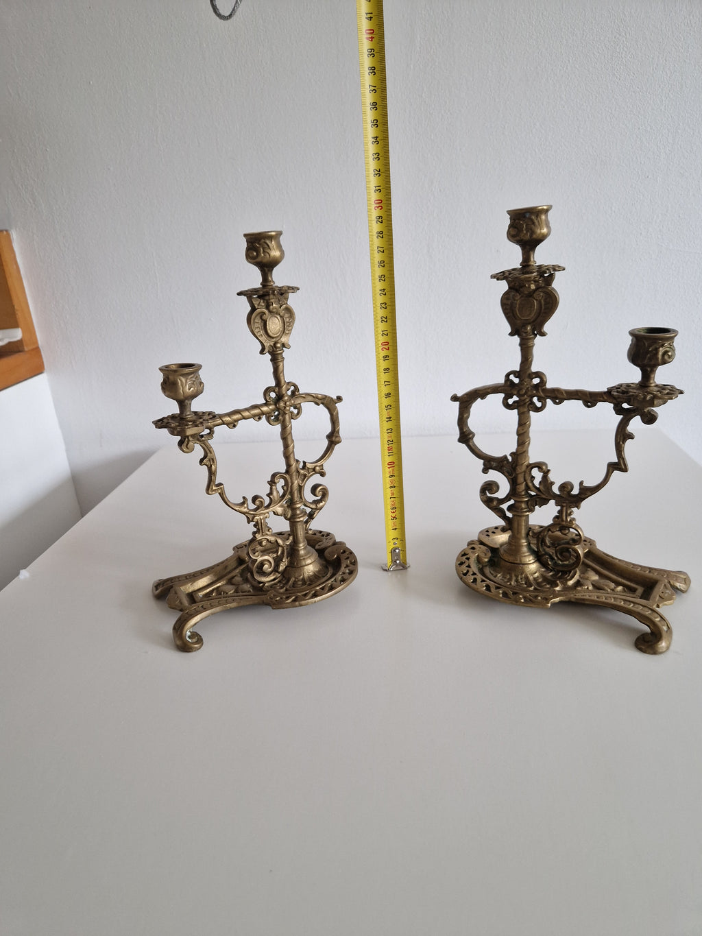 Matched Pair of Antique Brass 2-Arm Candelabra – Baroque Rococo, Barley-Twist Stem