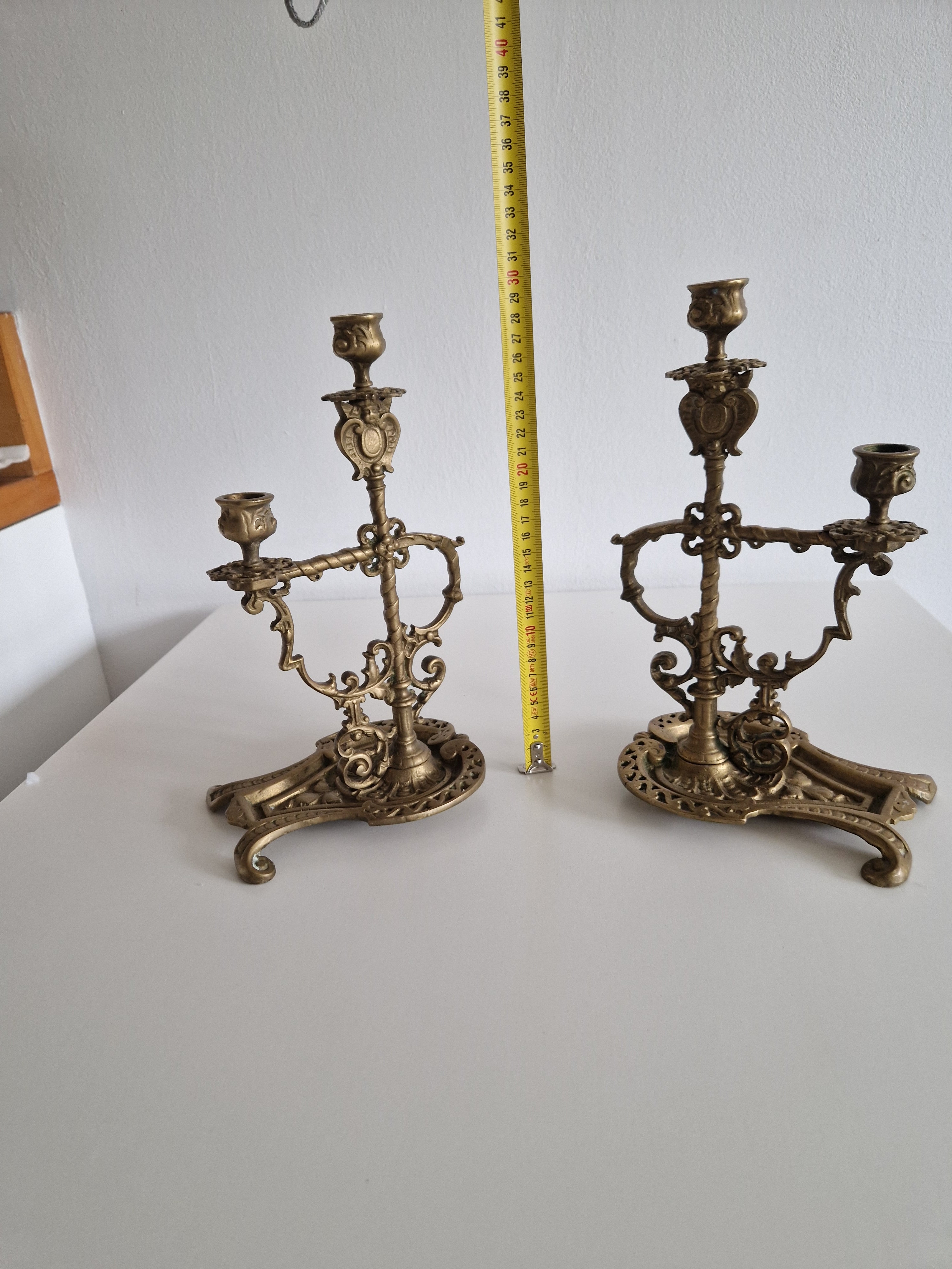 Matched Pair of Antique Brass 2-Arm Candelabra – Baroque Rococo, Barley-Twist Stem