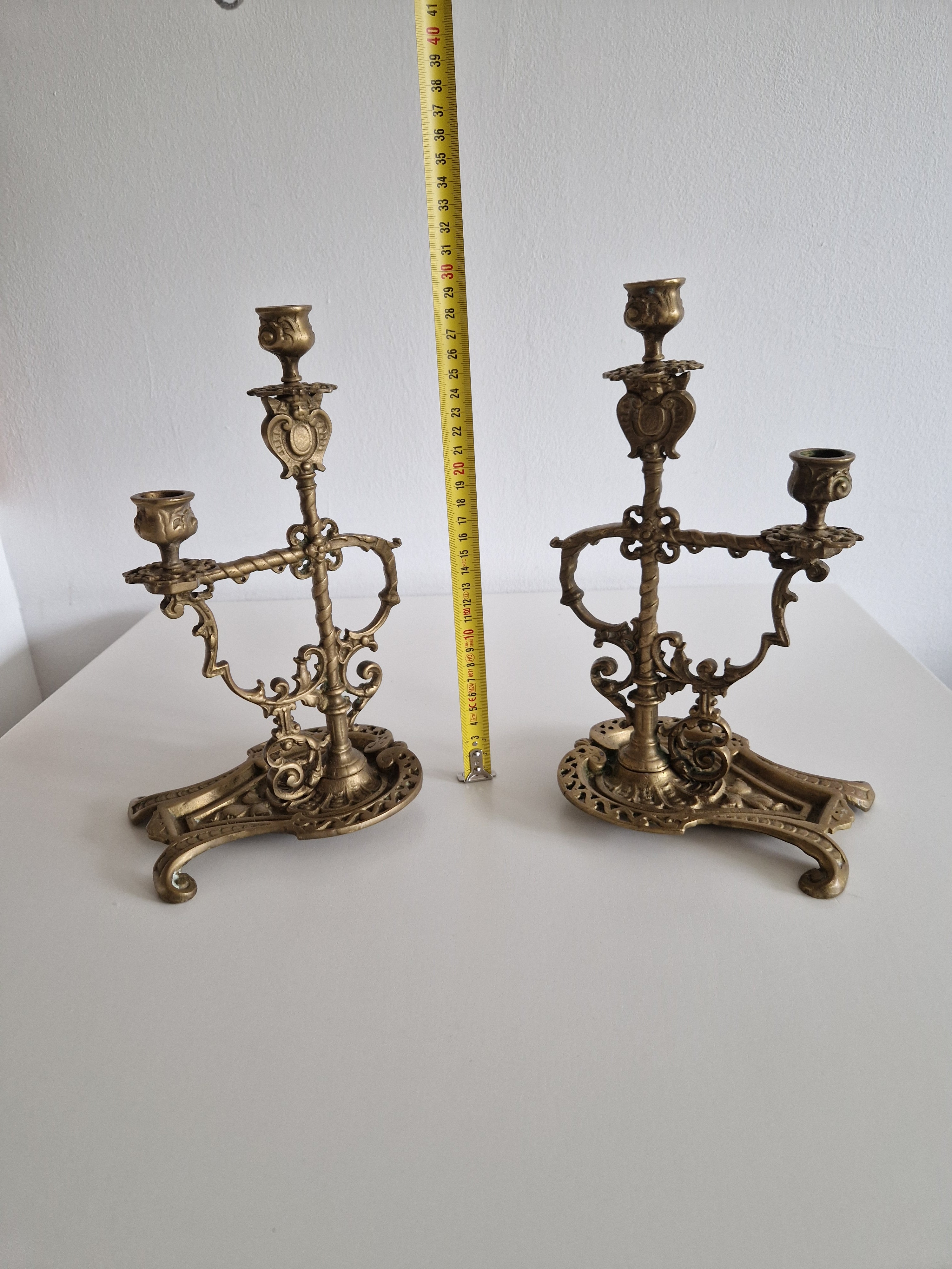 Matched Pair of Antique Brass 2-Arm Candelabra – Baroque Rococo, Barley-Twist Stem