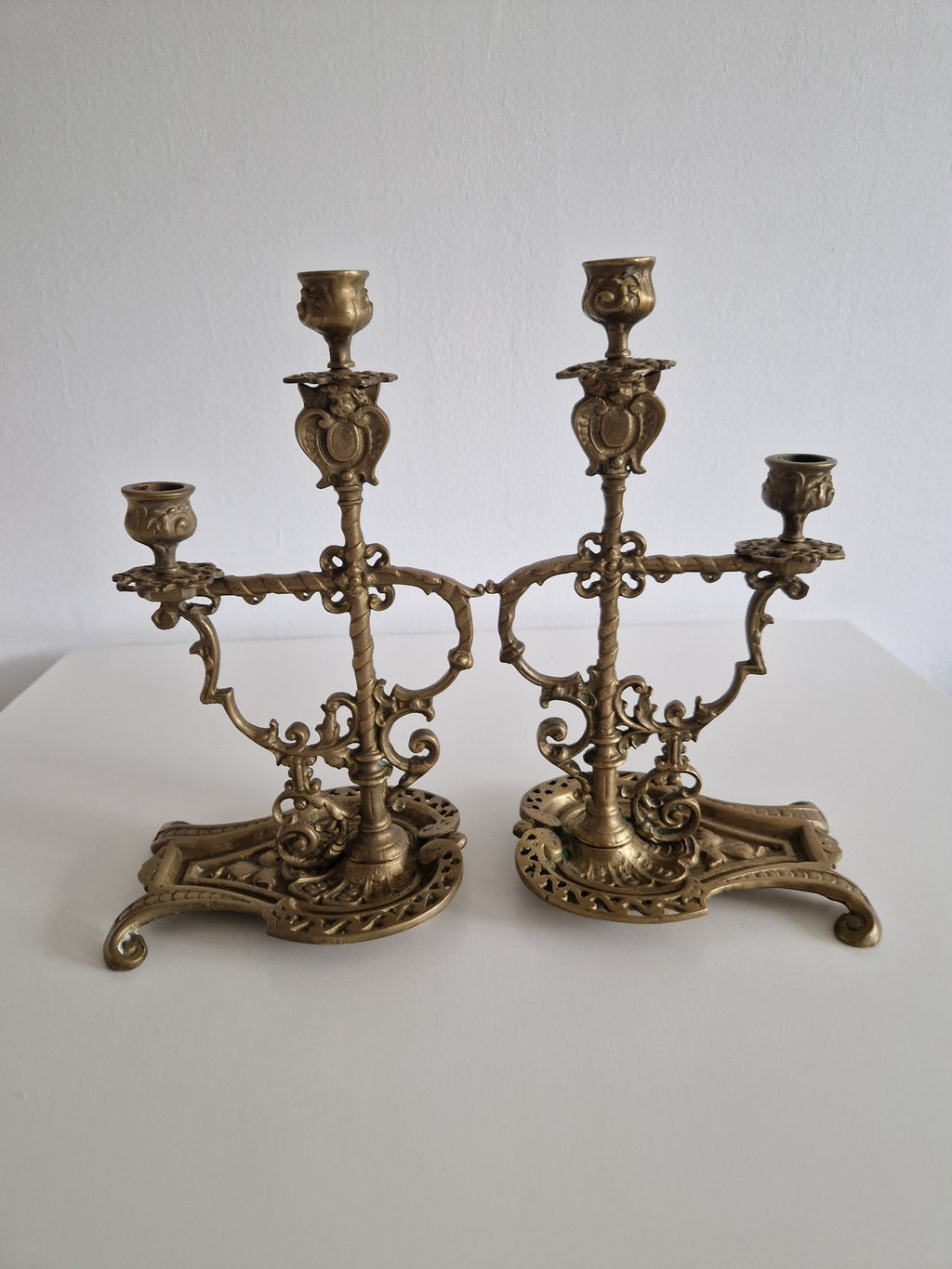 Matched Pair of Antique Brass 2-Arm Candelabra – Baroque Rococo, Barley-Twist Stem