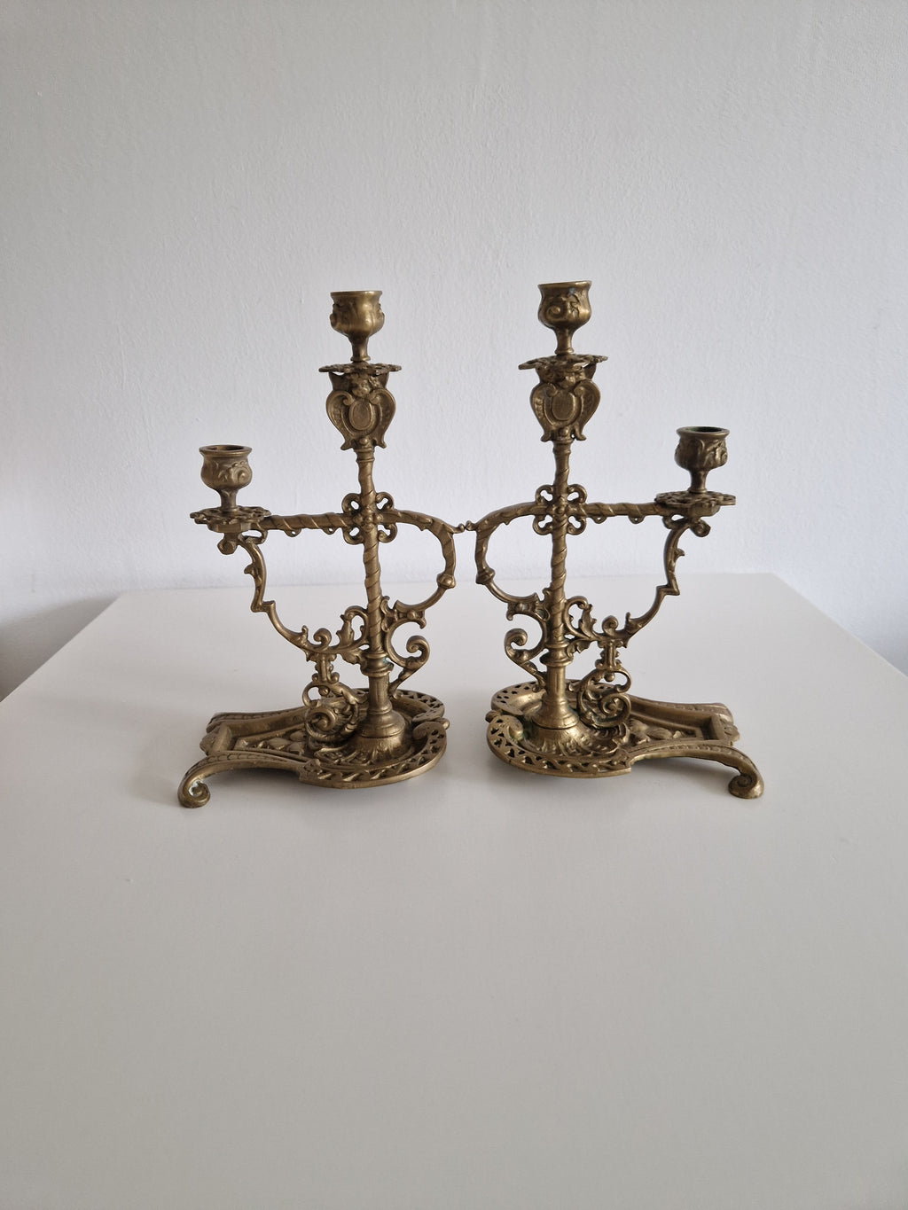 Matched Pair of Antique Brass 2-Arm Candelabra – Baroque Rococo, Barley-Twist Stem