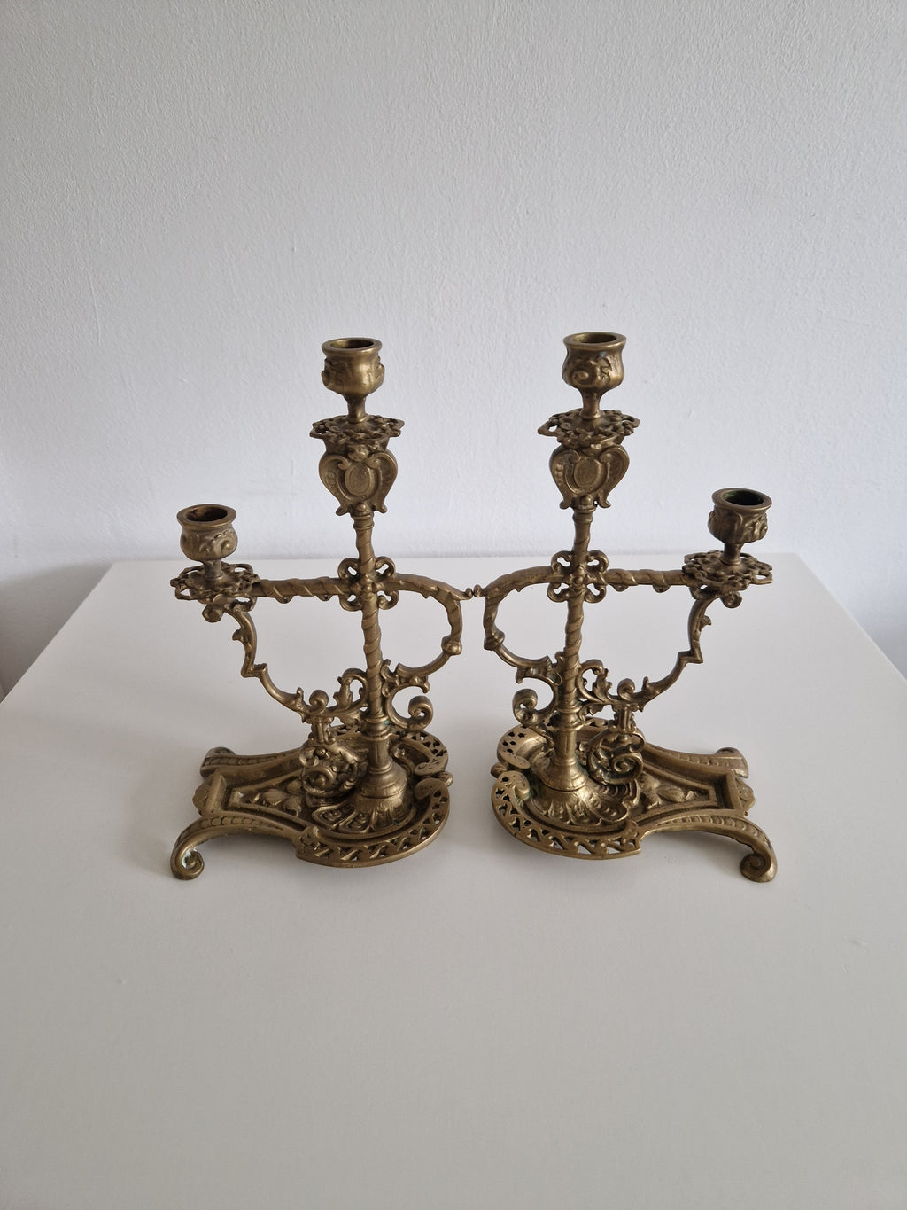 Matched Pair of Antique Brass 2-Arm Candelabra – Baroque Rococo, Barley-Twist Stem