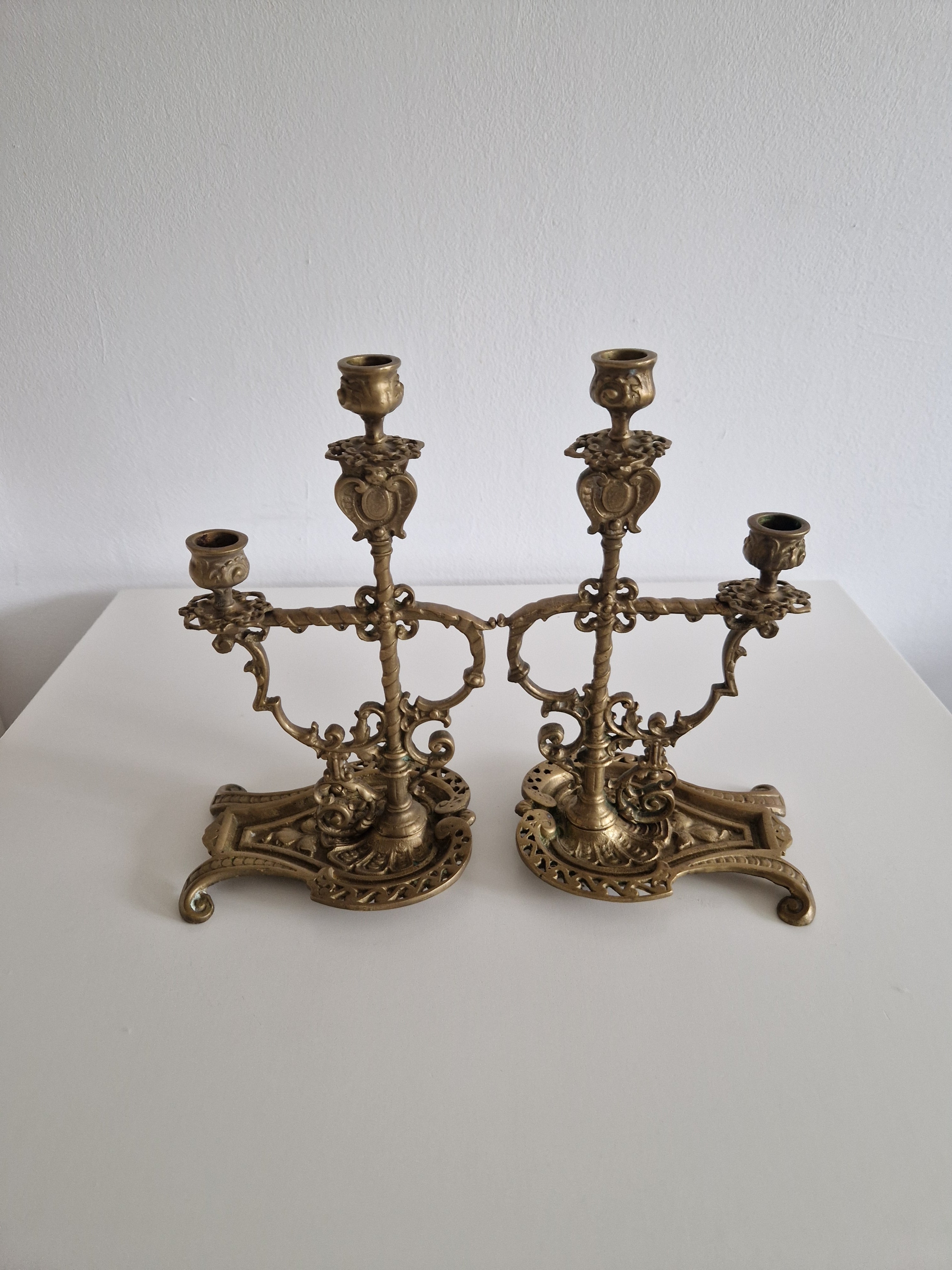 Matched Pair of Antique Brass 2-Arm Candelabra – Baroque Rococo, Barley-Twist Stem
