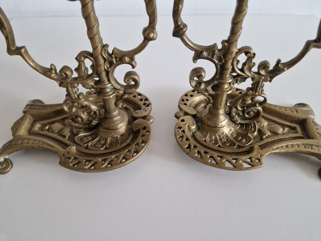 Matched Pair of Antique Brass 2-Arm Candelabra – Baroque Rococo, Barley-Twist Stem