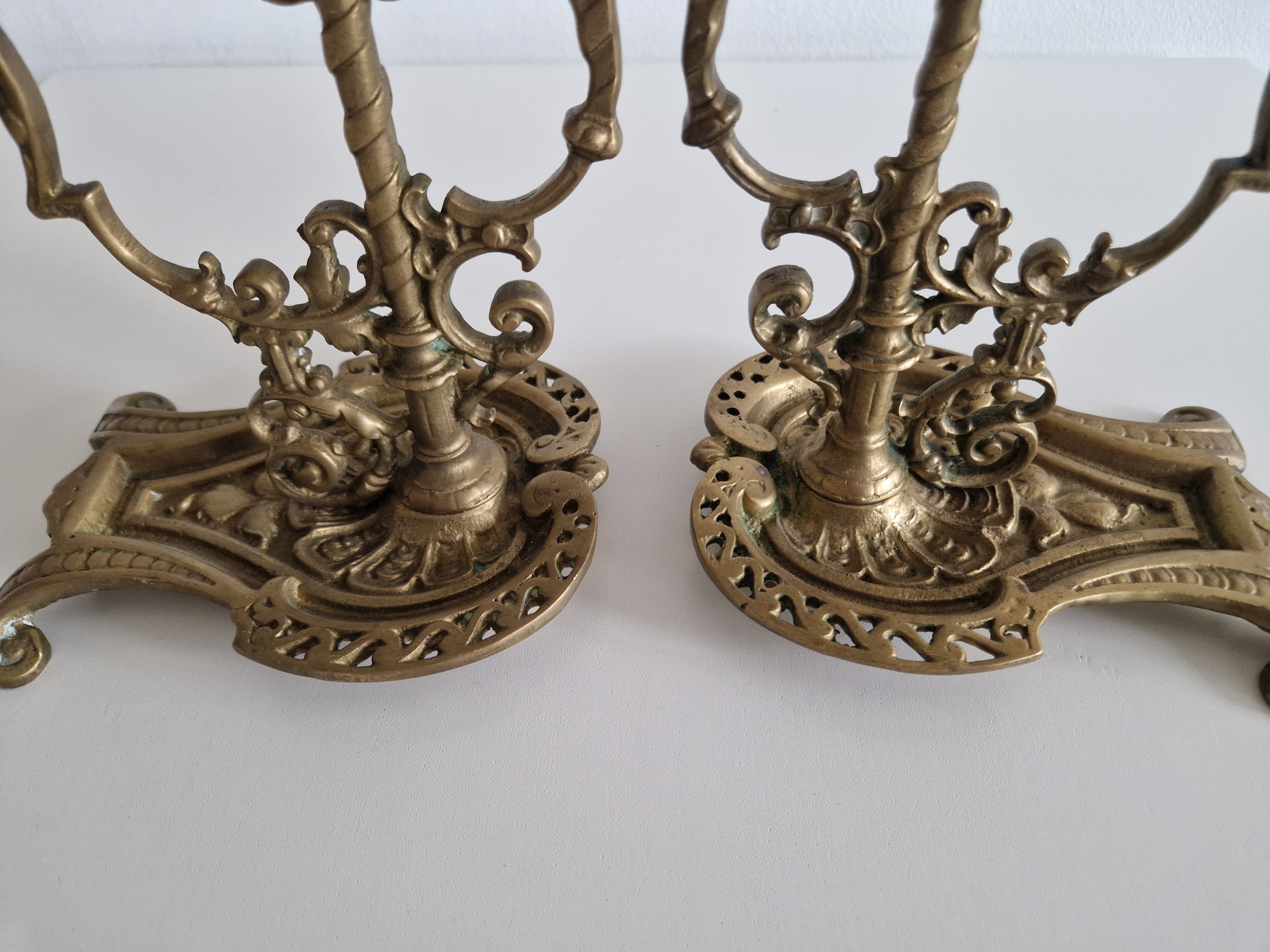 Matched Pair of Antique Brass 2-Arm Candelabra – Baroque Rococo, Barley-Twist Stem