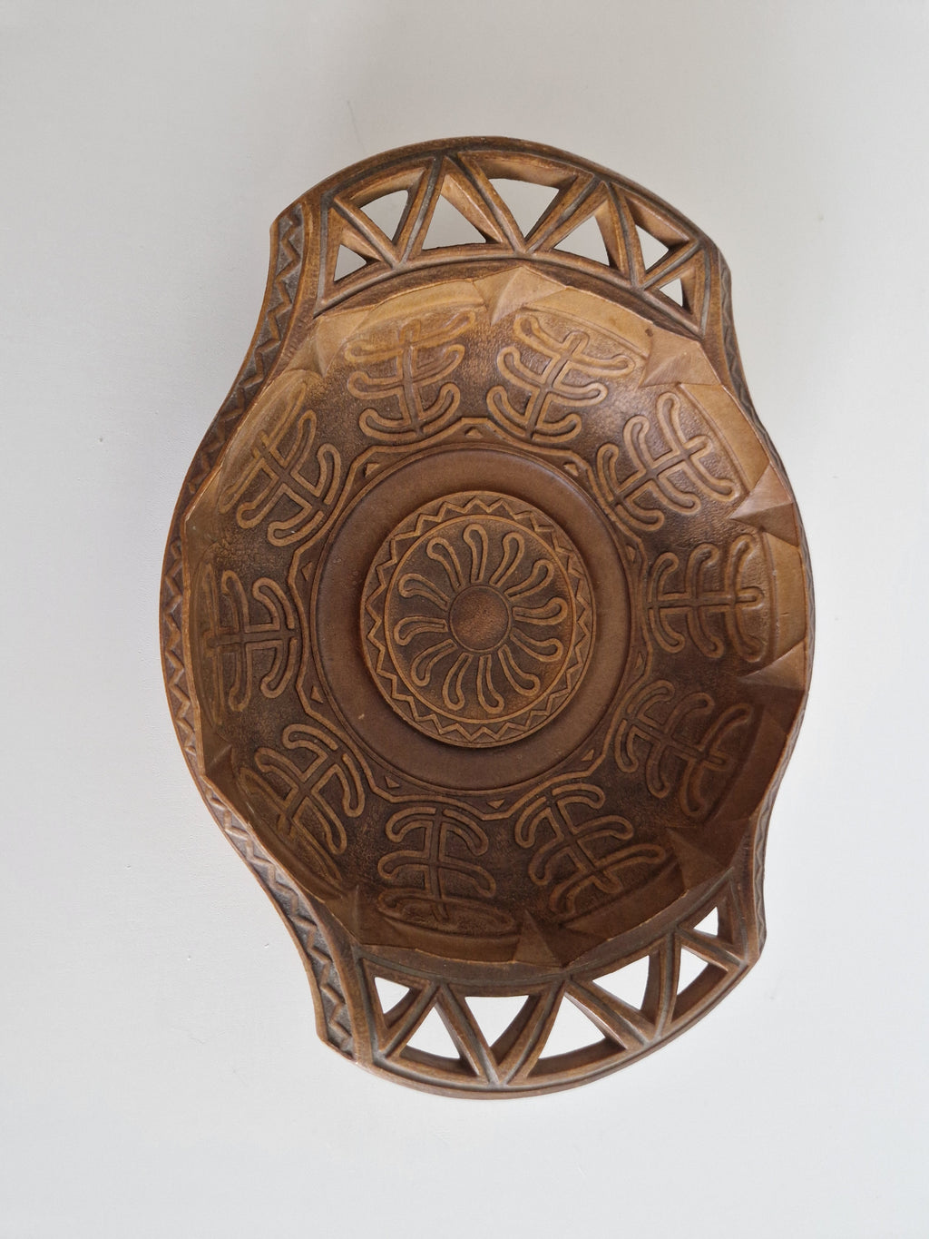 Vintage Mid-Century Italian Hand-Carved Wooden Bowl with Pierced Handles — Celtic Knotwork, Made in Italy
