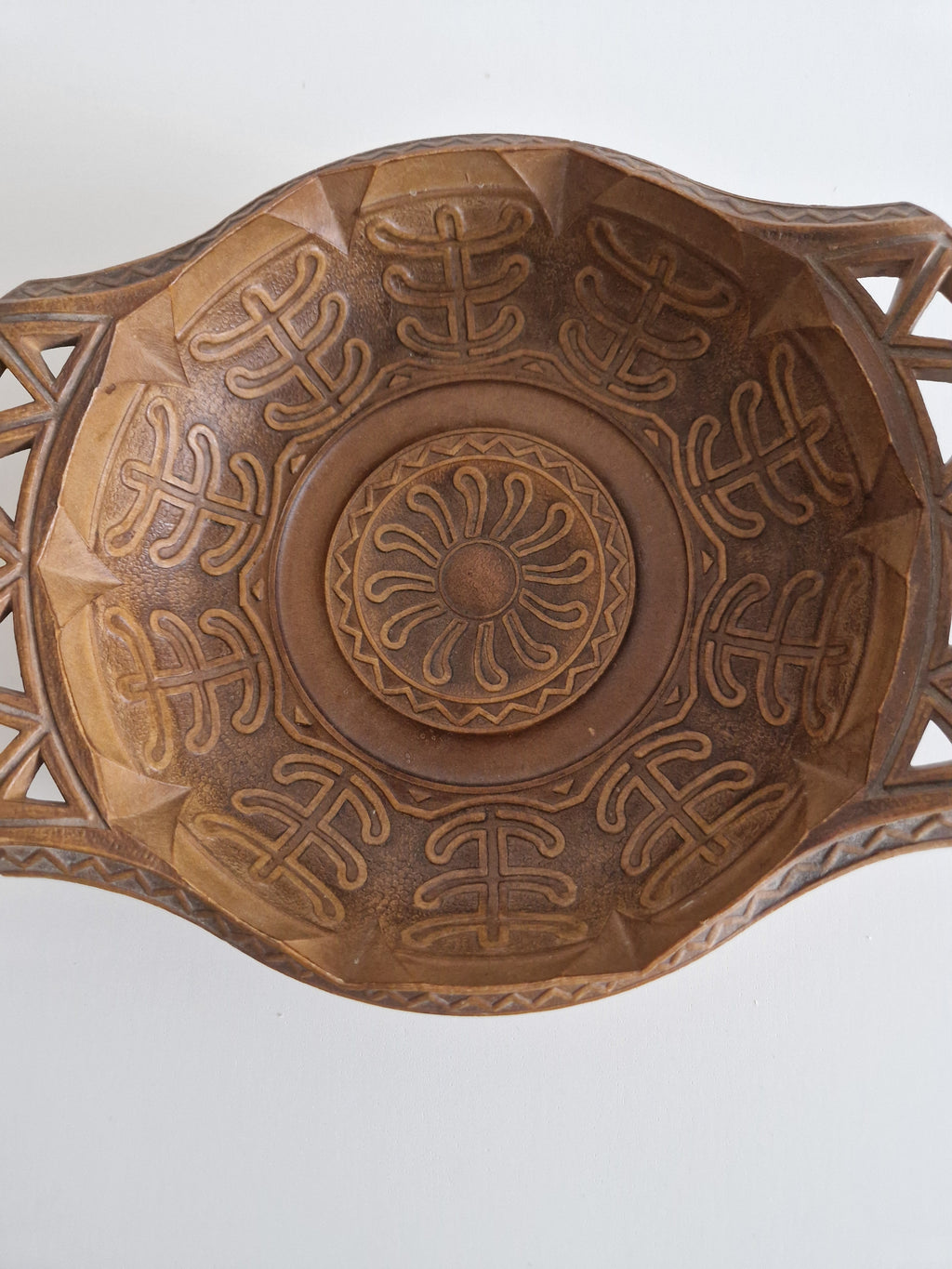 Vintage Mid-Century Italian Hand-Carved Wooden Bowl with Pierced Handles — Celtic Knotwork, Made in Italy