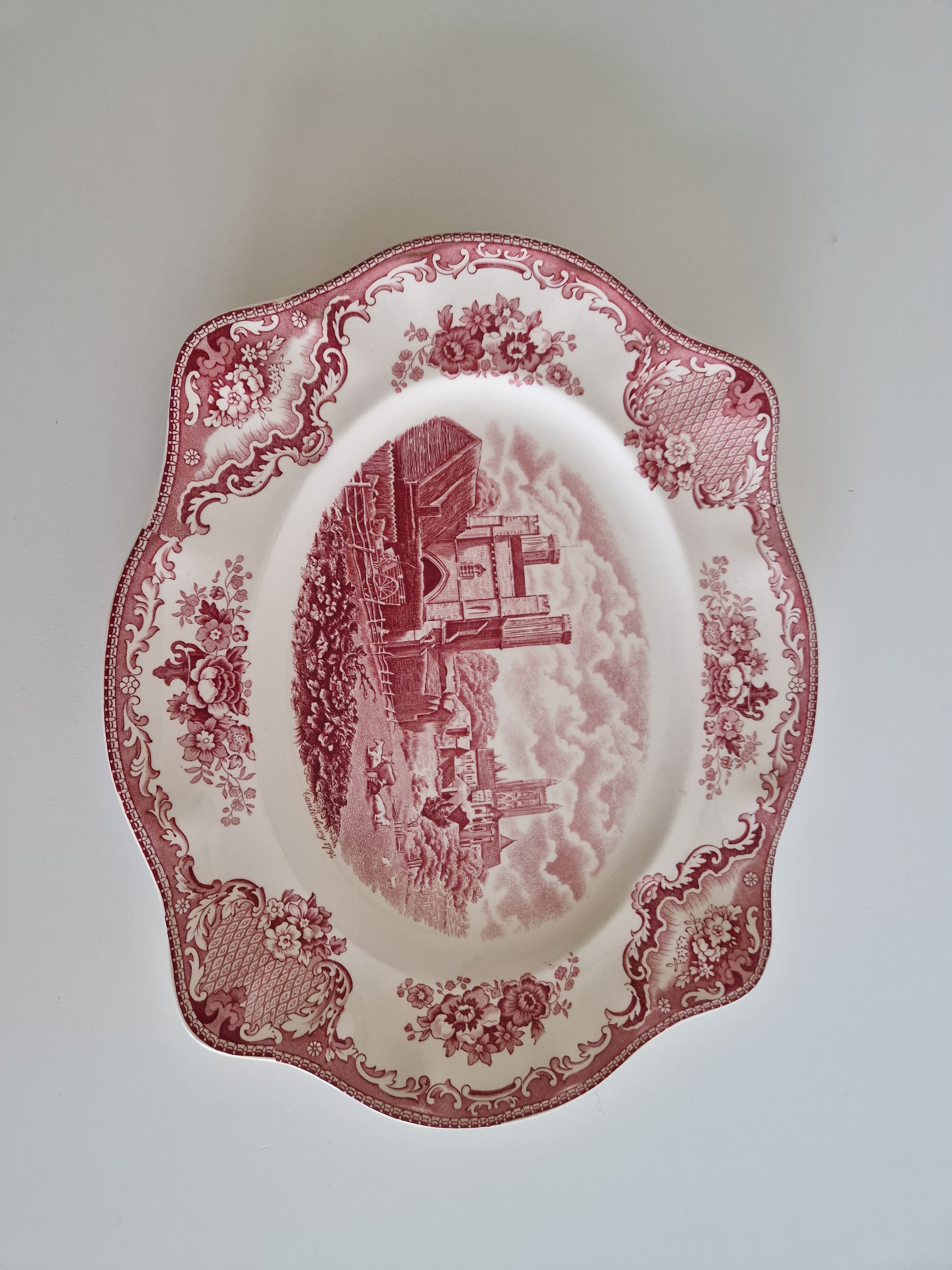 Plat de service ovale Johnson Bros England « Old Britain Castles » rose