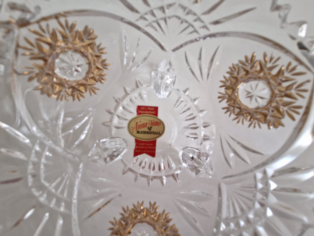 Set of Three Anna Hütte Cut Crystal Salt Cellars with Gold Sunburst Medallions — Made in Austria