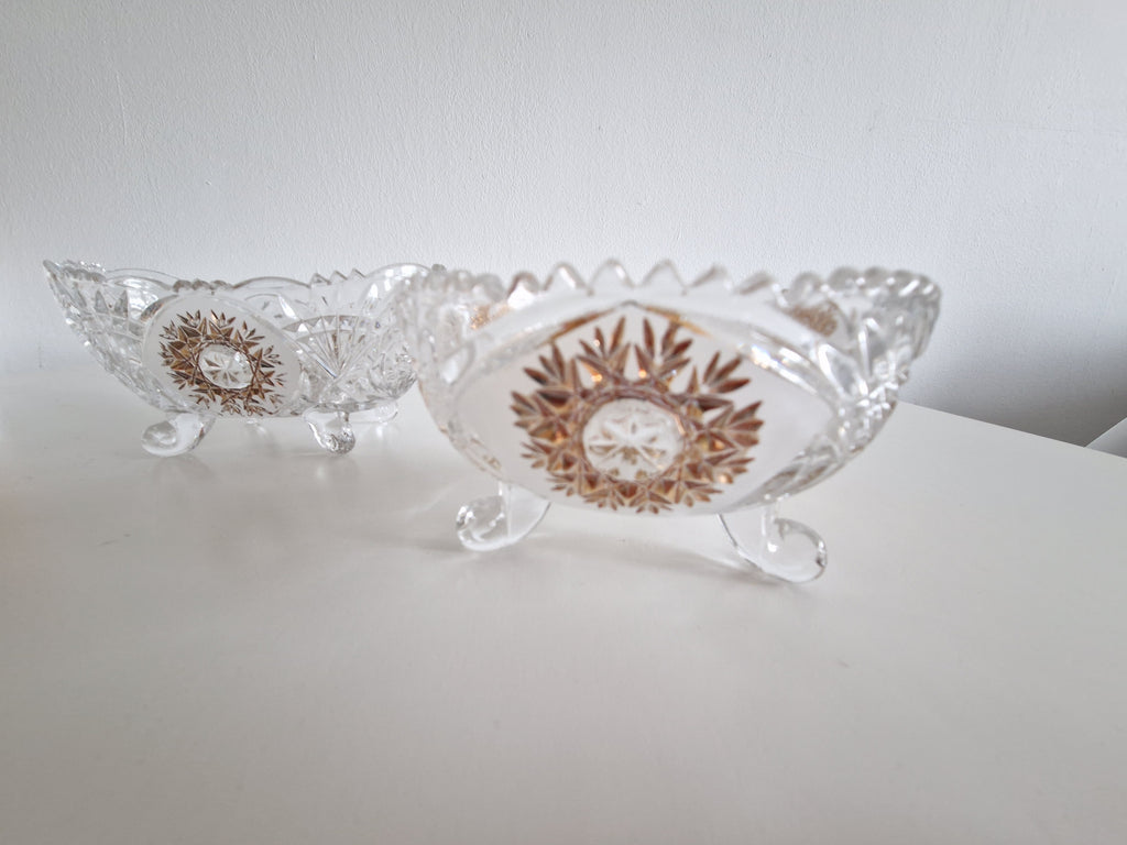 Set of Three Anna Hütte Cut Crystal Salt Cellars with Gold Sunburst Medallions — Made in Austria