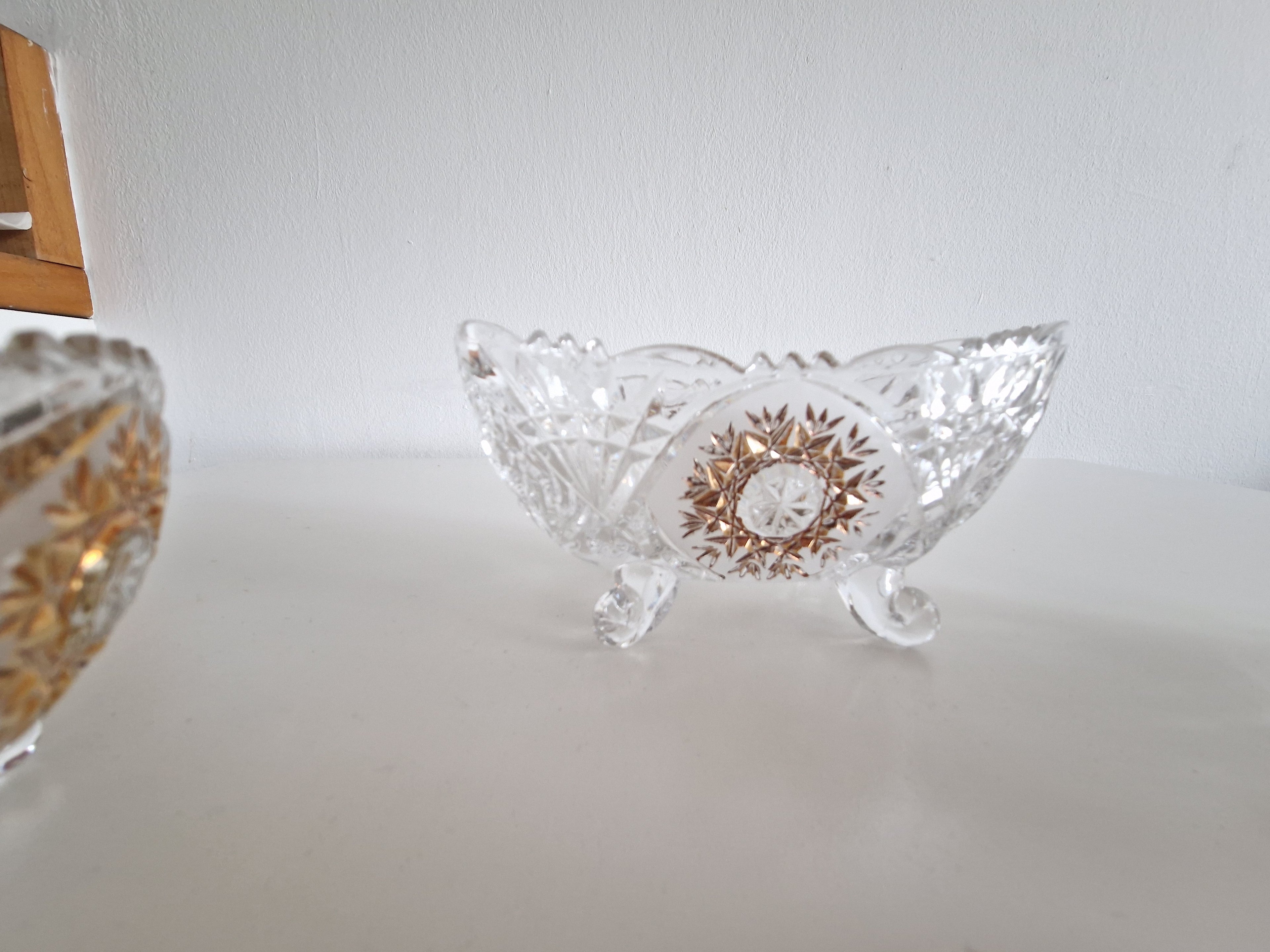 Set of Three Anna Hütte Cut Crystal Salt Cellars with Gold Sunburst Medallions — Made in Austria