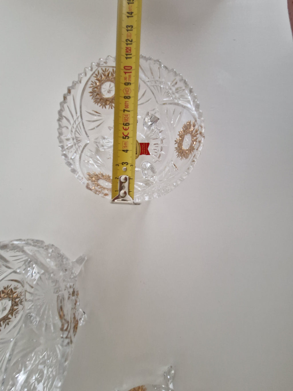 Set of Three Anna Hütte Cut Crystal Salt Cellars with Gold Sunburst Medallions — Made in Austria