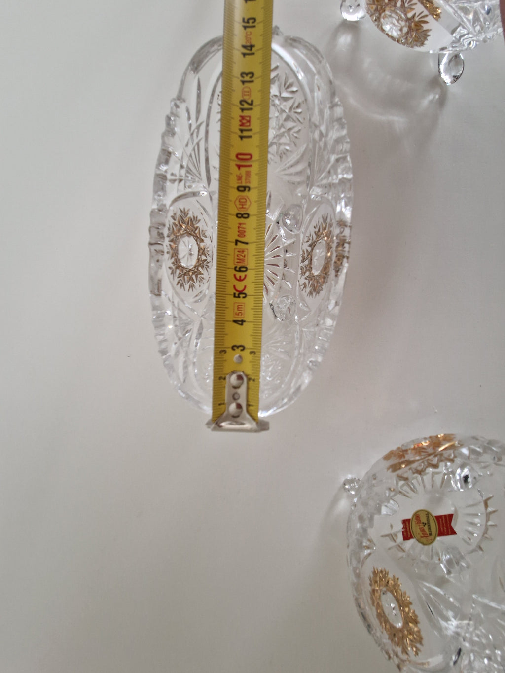 Set of Three Anna Hütte Cut Crystal Salt Cellars with Gold Sunburst Medallions — Made in Austria