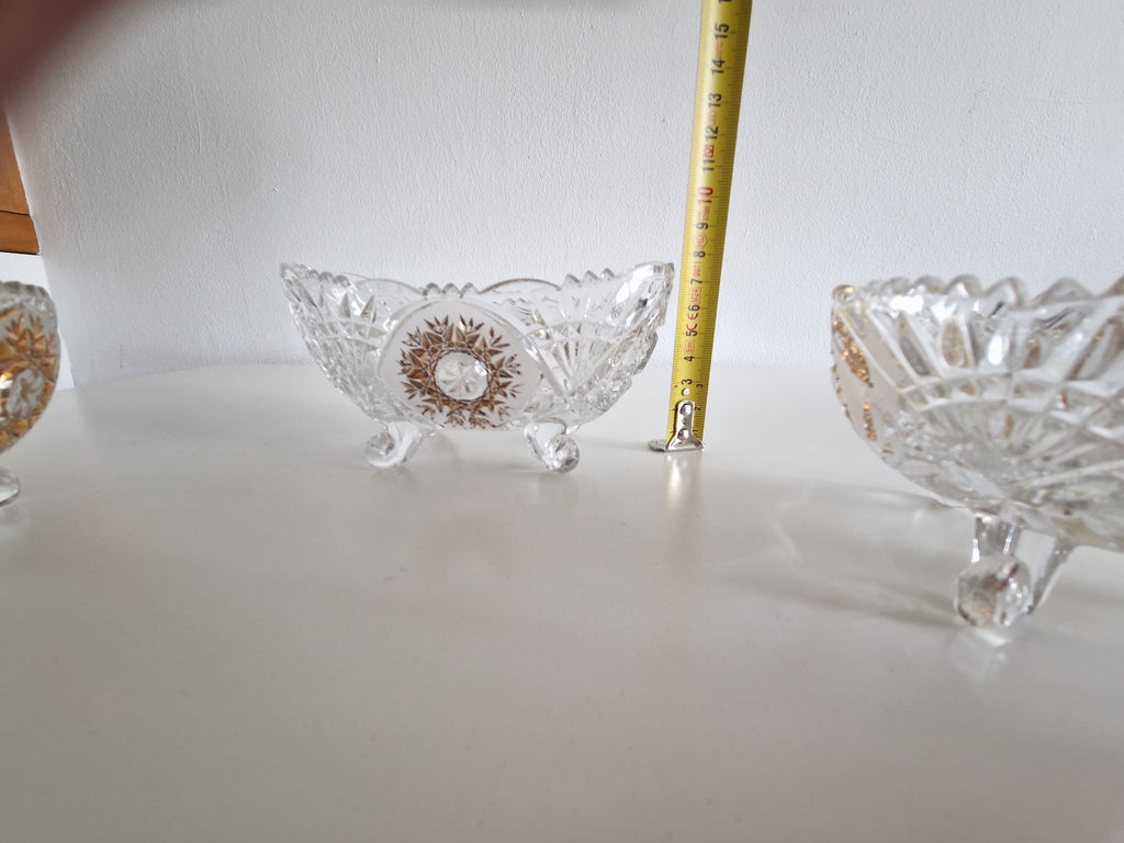 Set of Three Anna Hütte Cut Crystal Salt Cellars with Gold Sunburst Medallions — Made in Austria