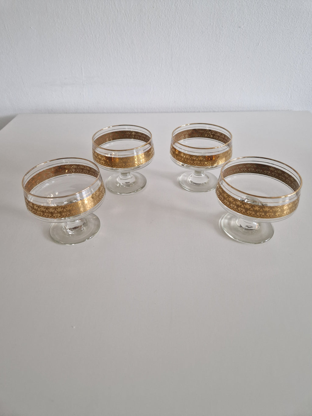 Set of 4 Vintage Gold Arabesque Glass Champagne Coupes | Mid-Century European