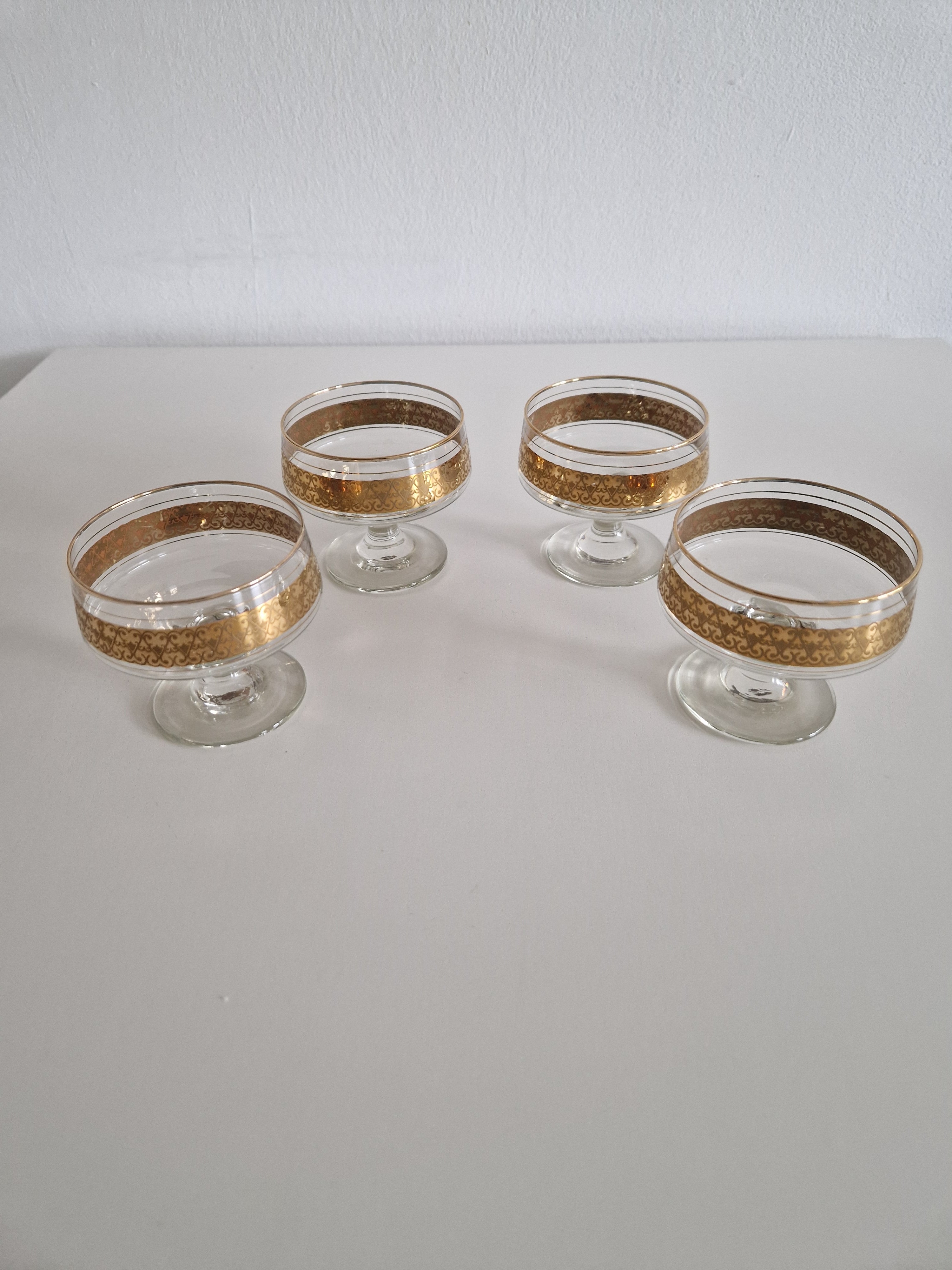 Set of 4 Vintage Gold Arabesque Glass Champagne Coupes | Mid-Century European