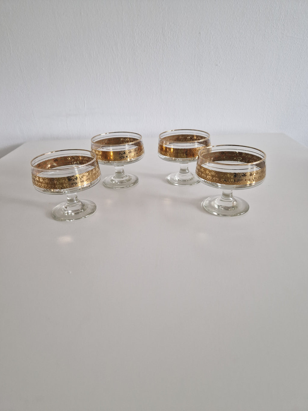Set of 4 Vintage Gold Arabesque Glass Champagne Coupes | Mid-Century European