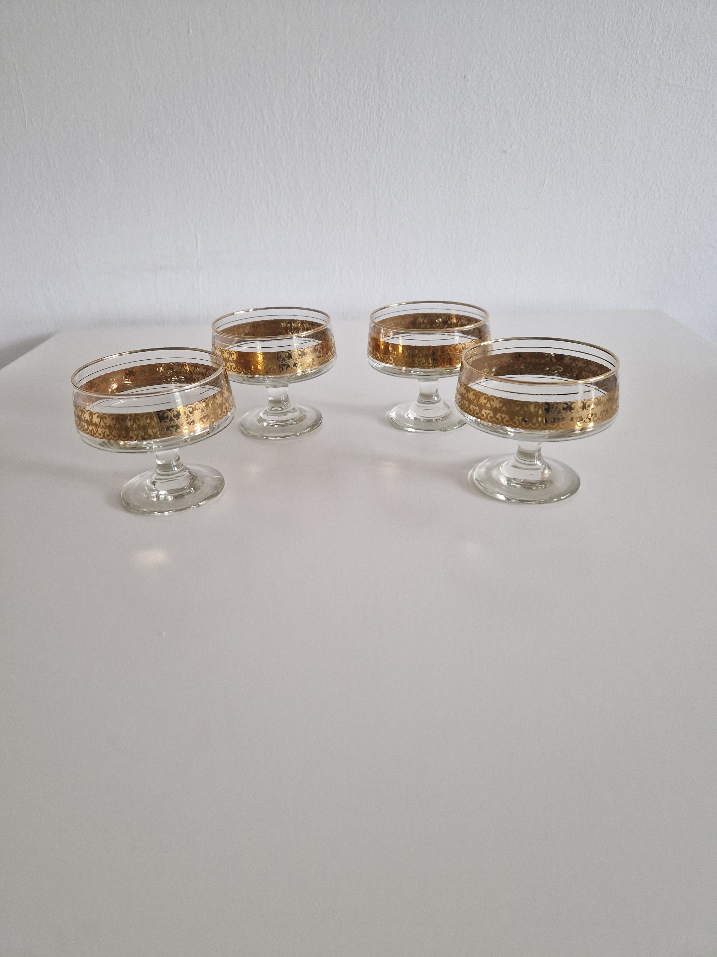 Set of 4 Vintage Gold Arabesque Glass Champagne Coupes | Mid-Century European