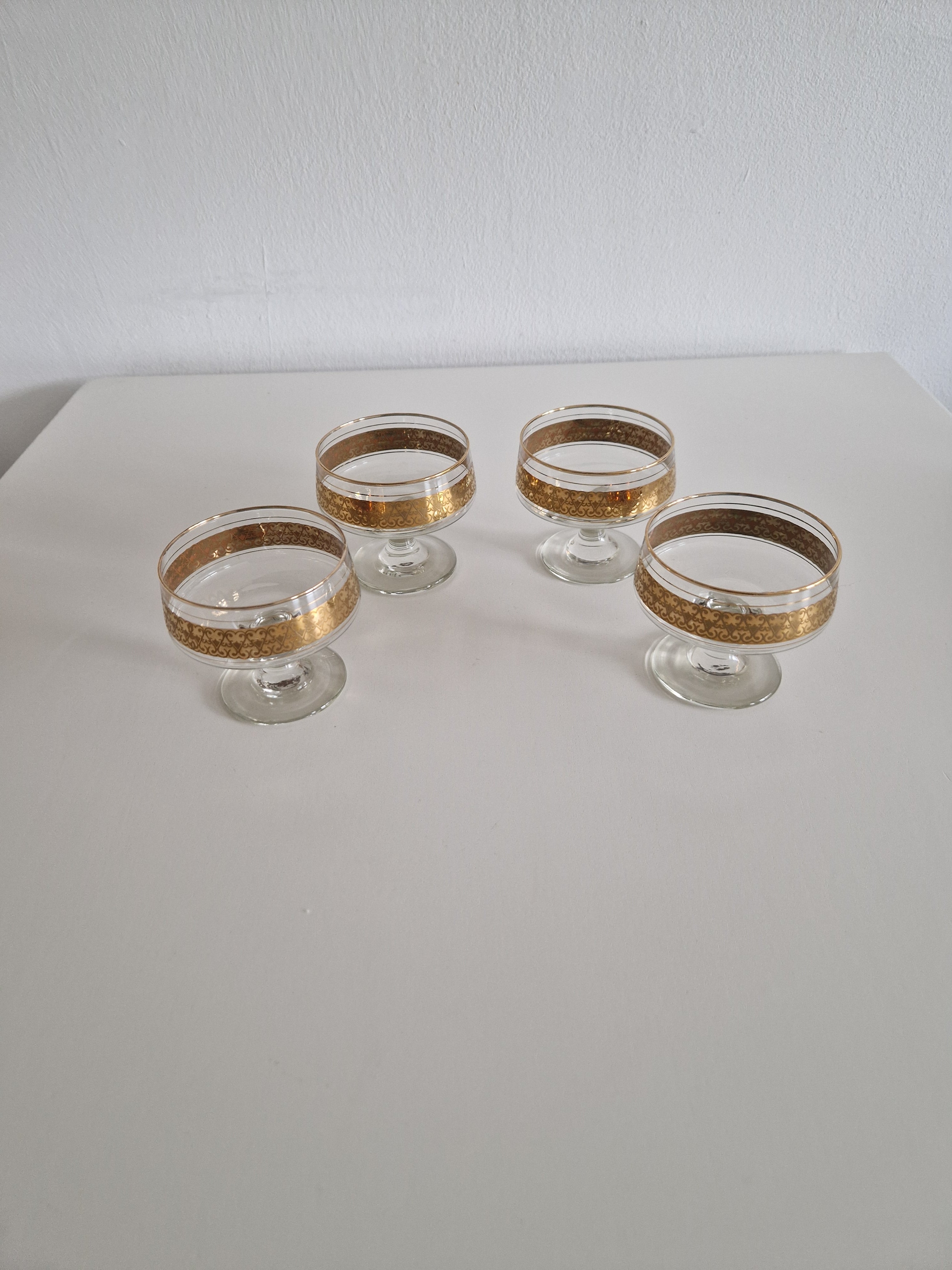 Set of 4 Vintage Gold Arabesque Glass Champagne Coupes | Mid-Century European