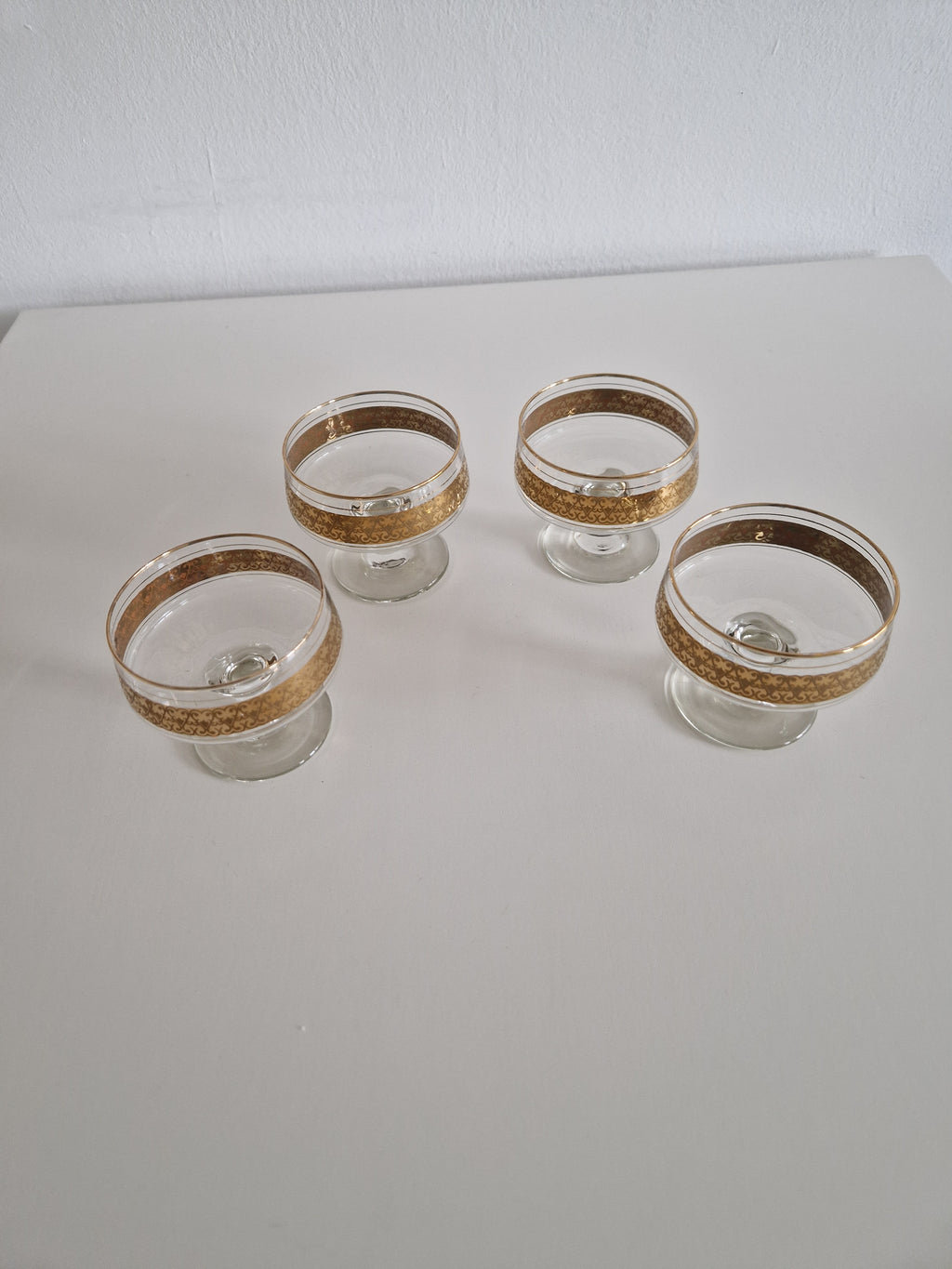 Set of 4 Vintage Gold Arabesque Glass Champagne Coupes | Mid-Century European