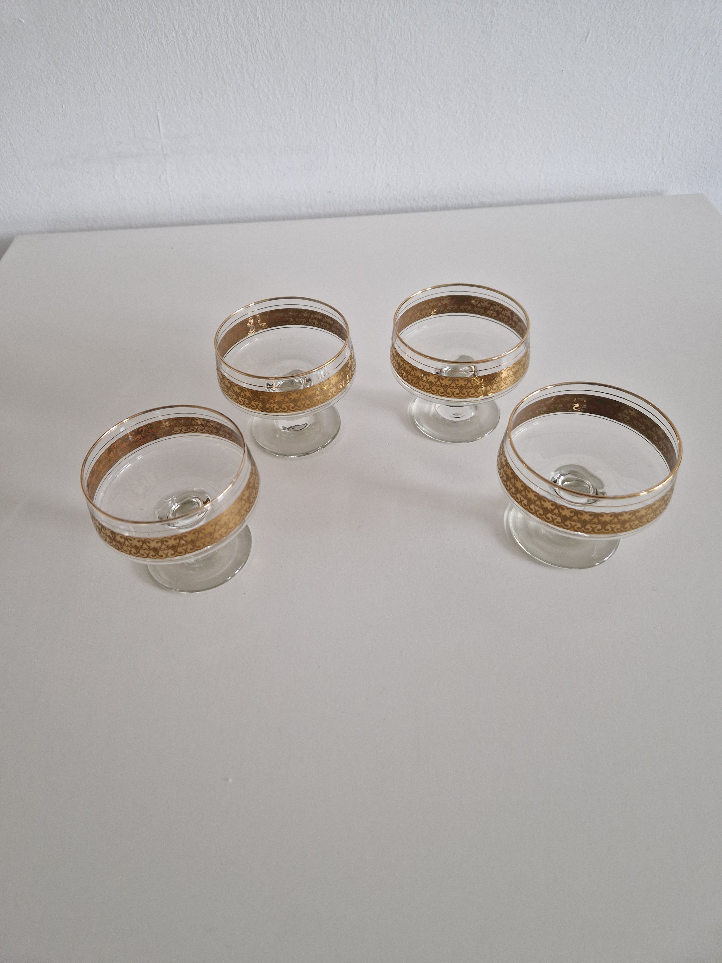 Set of 4 Vintage Gold Arabesque Glass Champagne Coupes | Mid-Century European