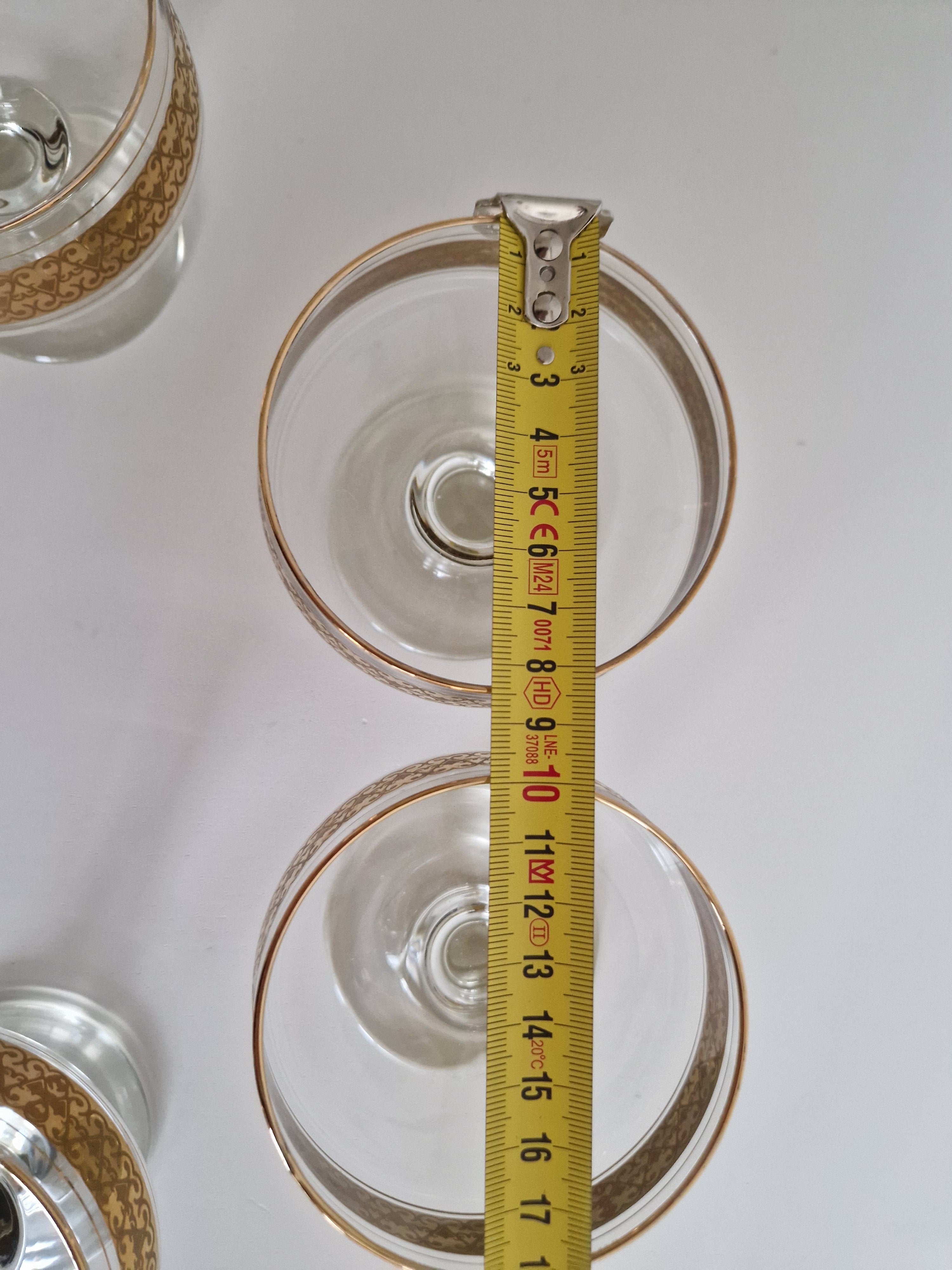 Set of 4 Vintage Gold Arabesque Glass Champagne Coupes | Mid-Century European