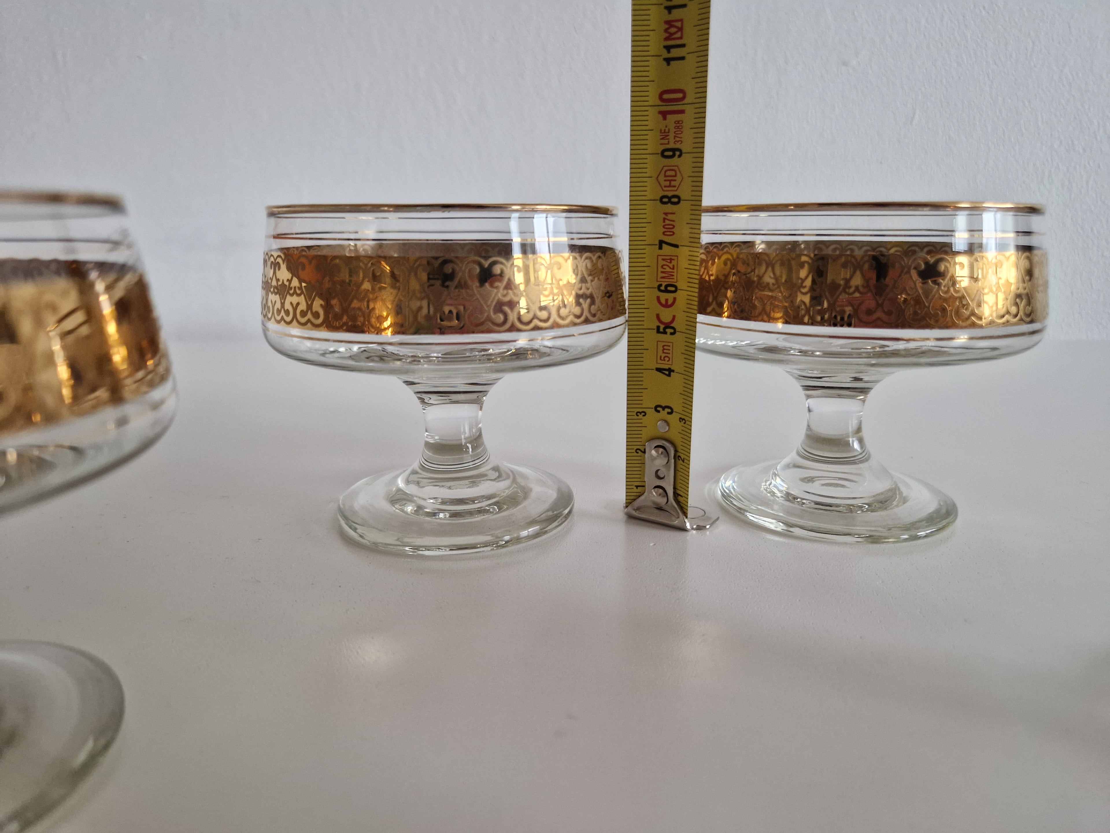 Set of 4 Vintage Gold Arabesque Glass Champagne Coupes | Mid-Century European