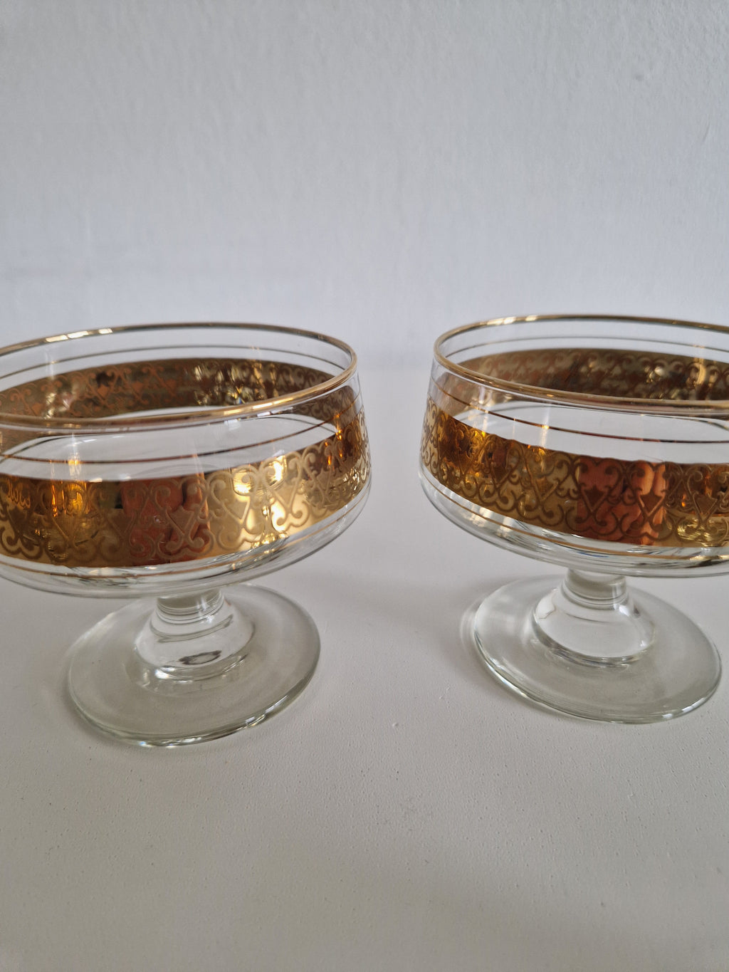 Set of 4 Vintage Gold Arabesque Glass Champagne Coupes | Mid-Century European