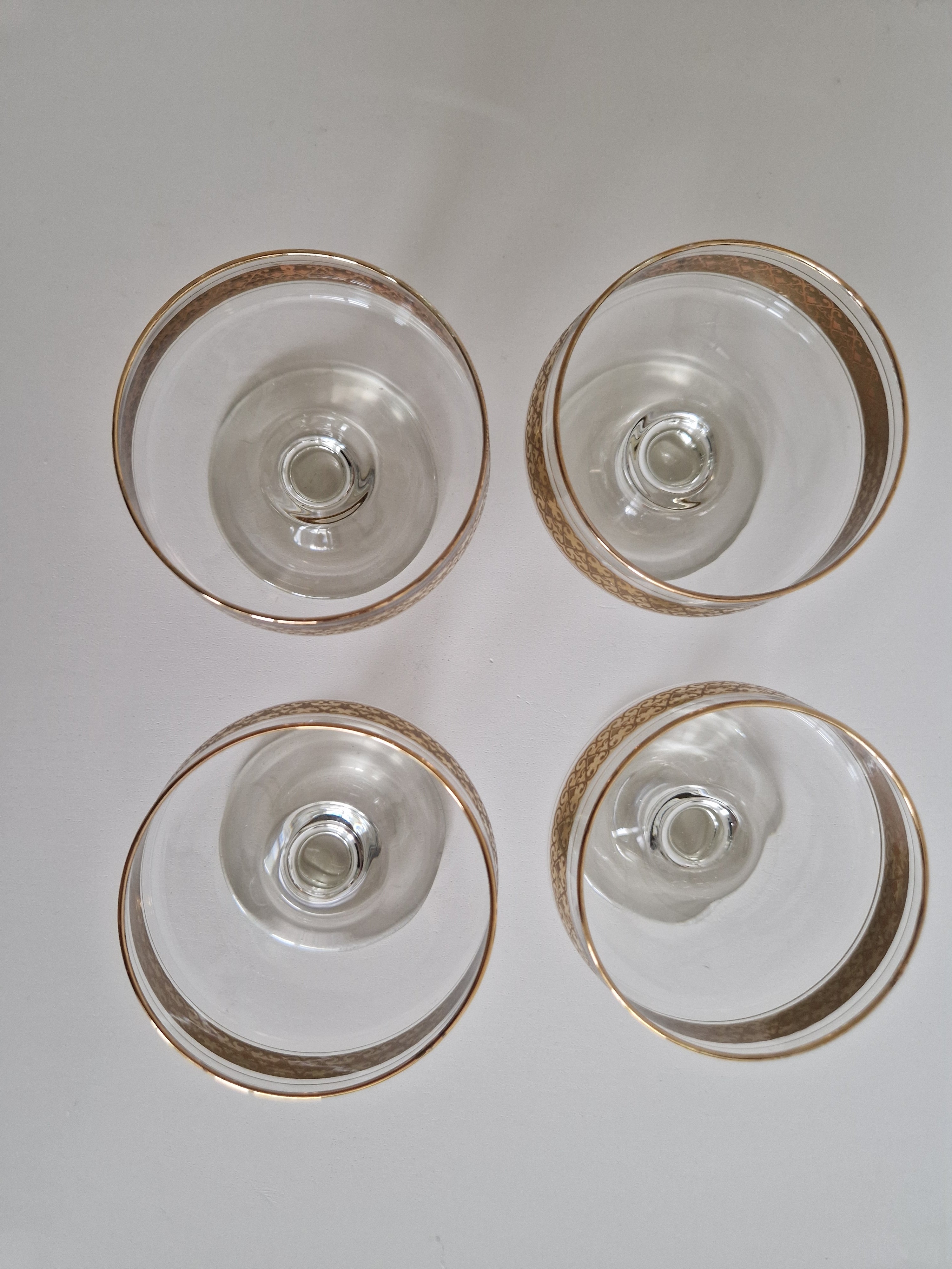 Set of 4 Vintage Gold Arabesque Glass Champagne Coupes | Mid-Century European