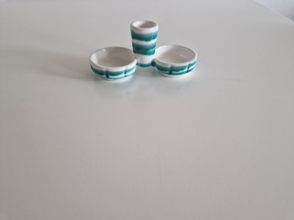 Ensemble de trois pots à condiments en céramique Gmunden — Rayures sarcelle, Fabriqué en Autriche