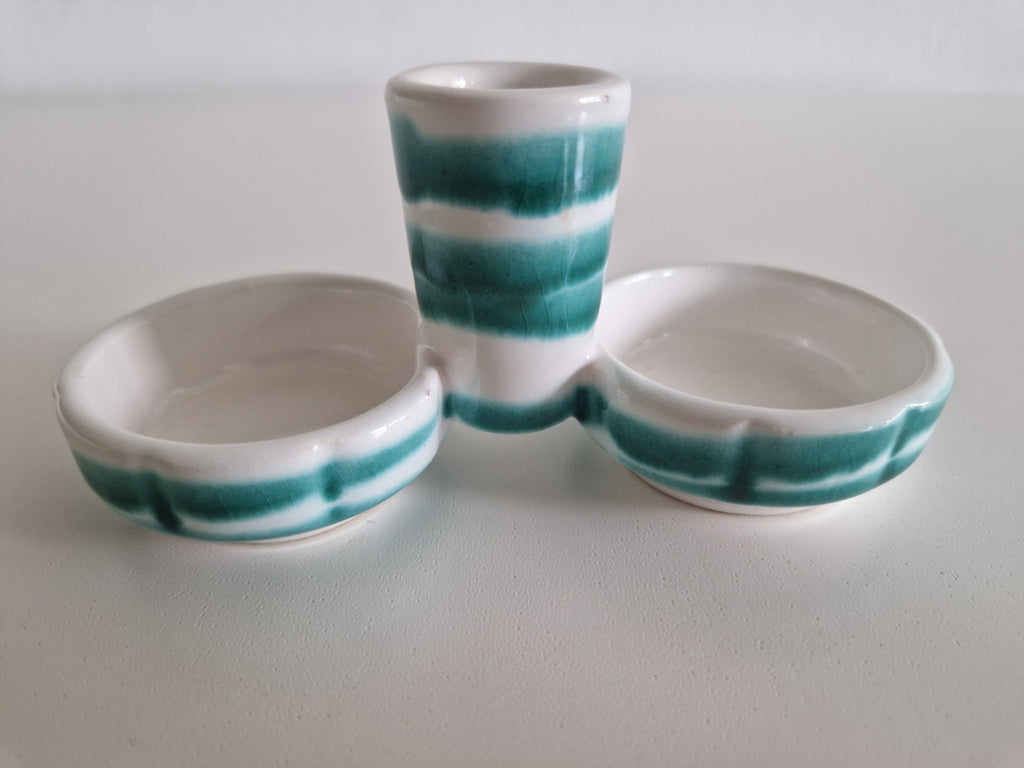 Ensemble de trois pots à condiments en céramique Gmunden — Rayures sarcelle, Fabriqué en Autriche