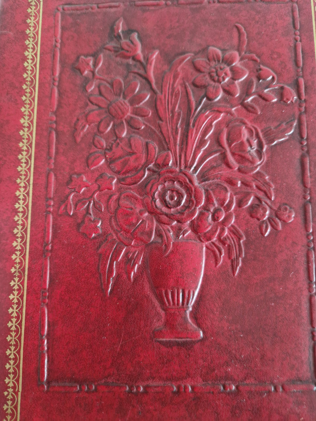 Vintage Hand-Tooled Crimson Leather Book / Journal Cover – Embossed Floral Bouquet & Gold Border | Whipstitch Edge | 20 × 14 cm