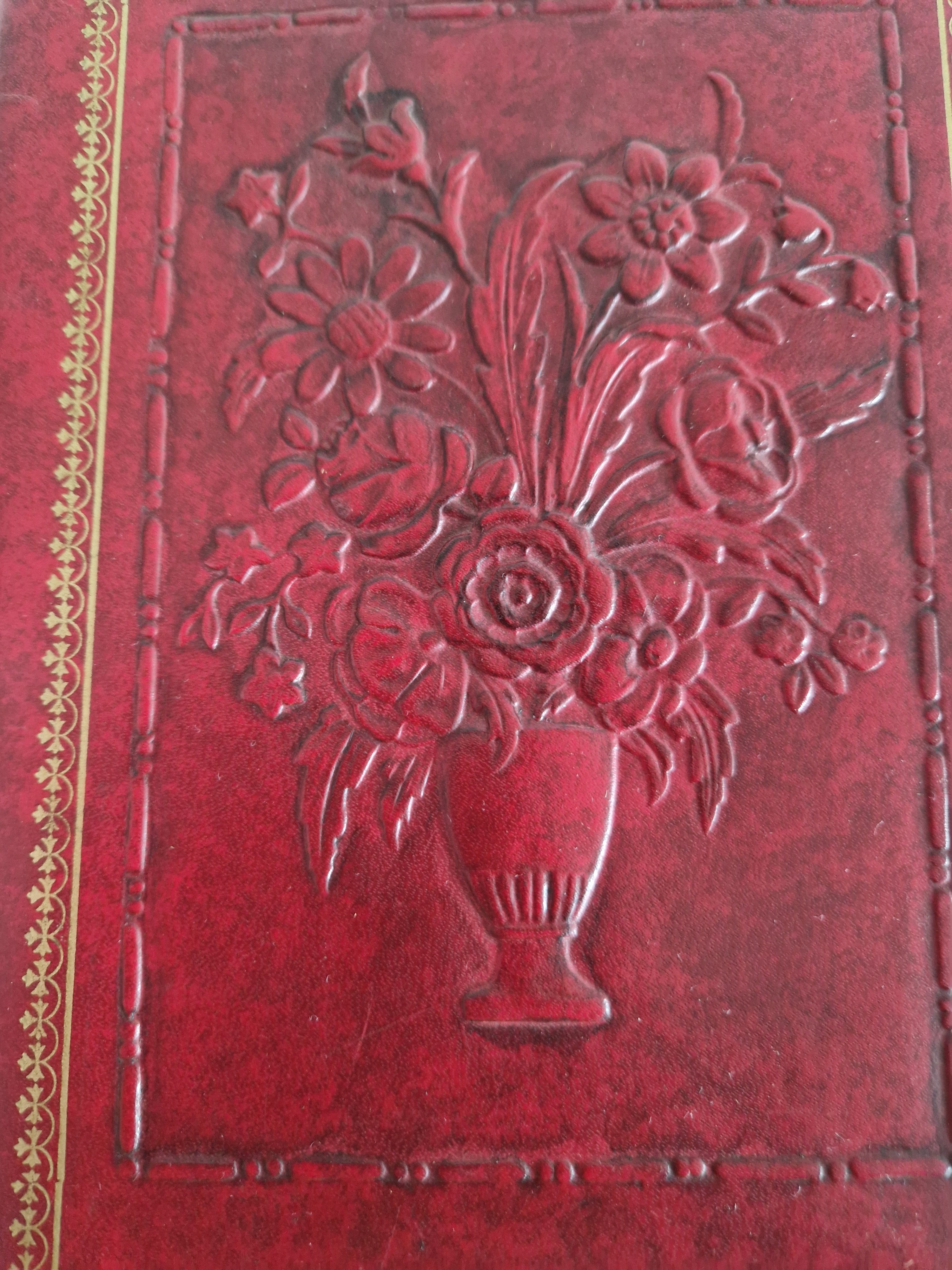 Vintage Hand-Tooled Crimson Leather Book / Journal Cover – Embossed Floral Bouquet & Gold Border | Whipstitch Edge | 20 × 14 cm