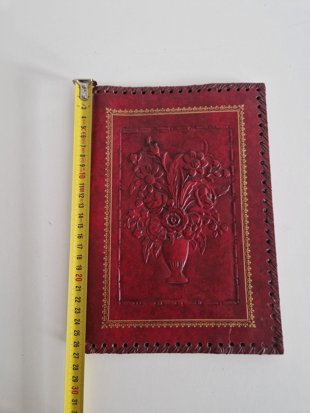 Vintage Hand-Tooled Crimson Leather Book / Journal Cover – Embossed Floral Bouquet & Gold Border | Whipstitch Edge | 20 × 14 cm