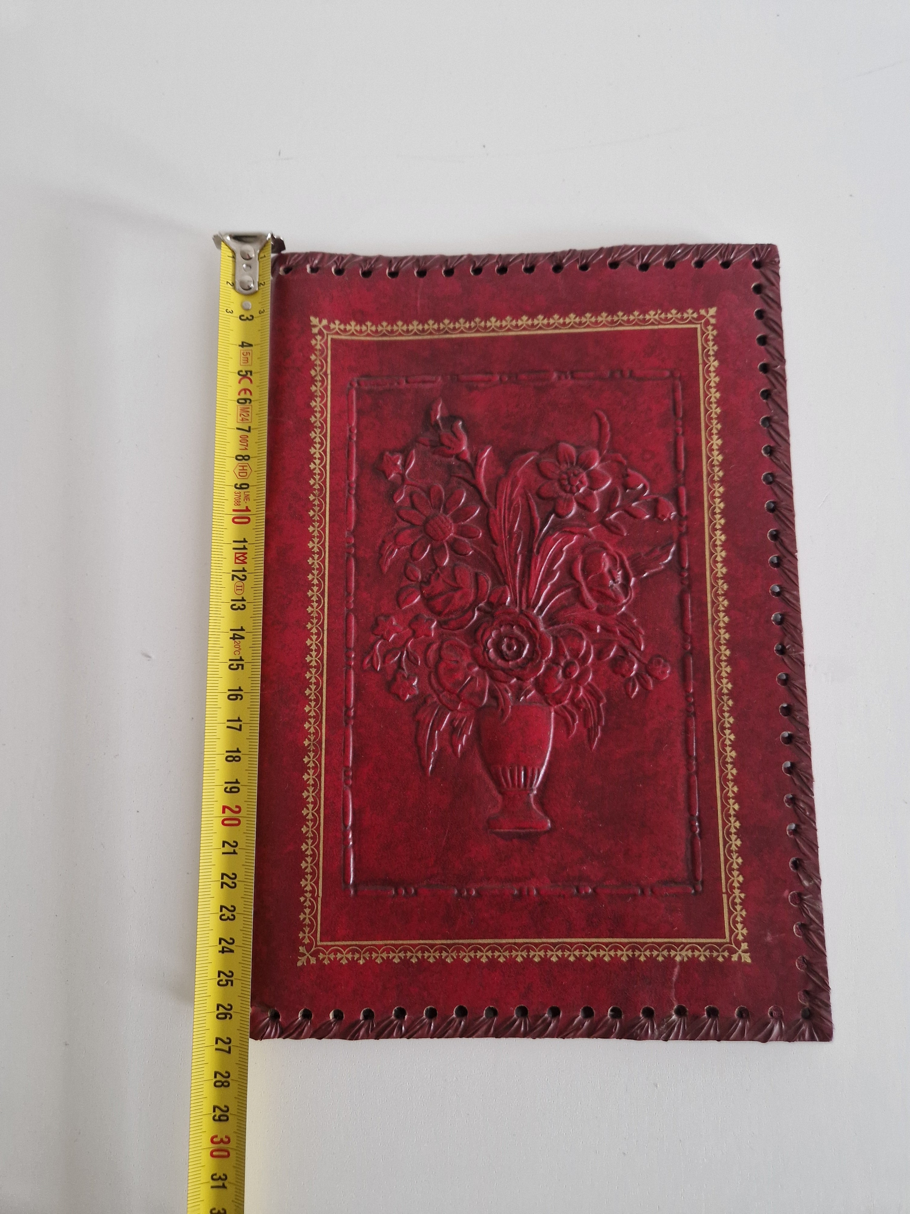 Vintage Hand-Tooled Crimson Leather Book / Journal Cover – Embossed Floral Bouquet & Gold Border | Whipstitch Edge | 20 × 14 cm