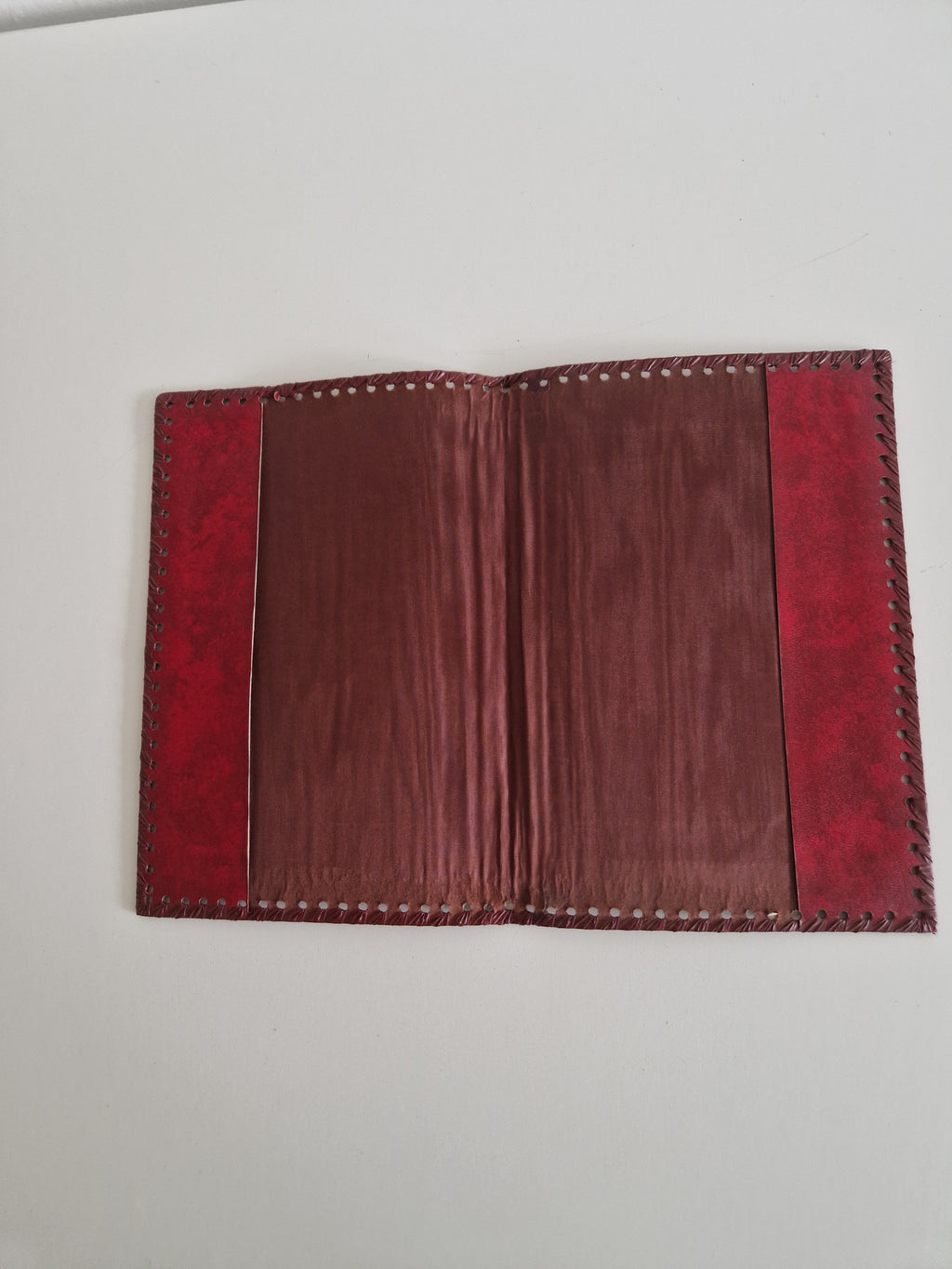 Vintage Hand-Tooled Crimson Leather Book / Journal Cover – Embossed Floral Bouquet & Gold Border | Whipstitch Edge | 20 × 14 cm