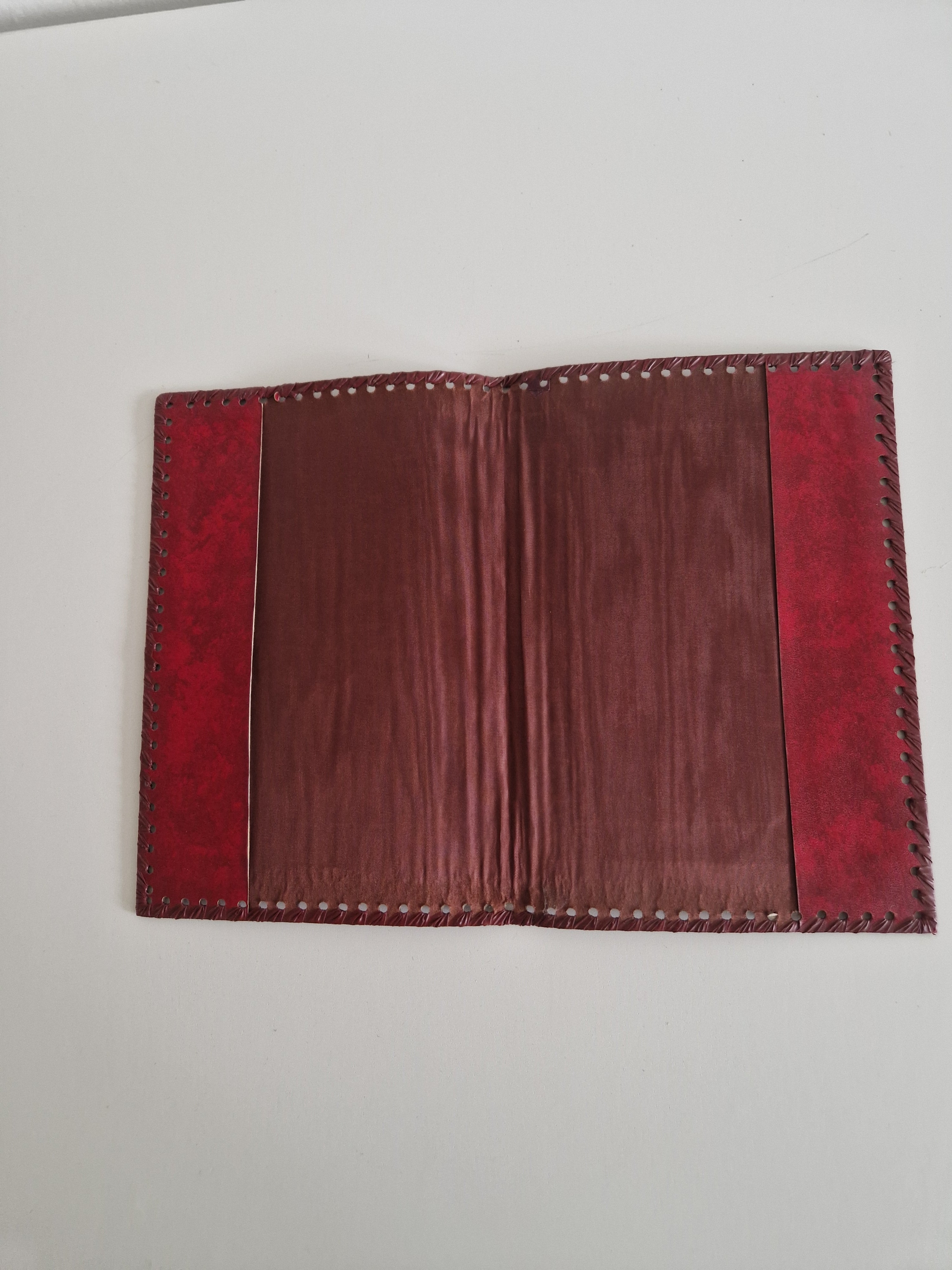 Vintage Hand-Tooled Crimson Leather Book / Journal Cover – Embossed Floral Bouquet & Gold Border | Whipstitch Edge | 20 × 14 cm