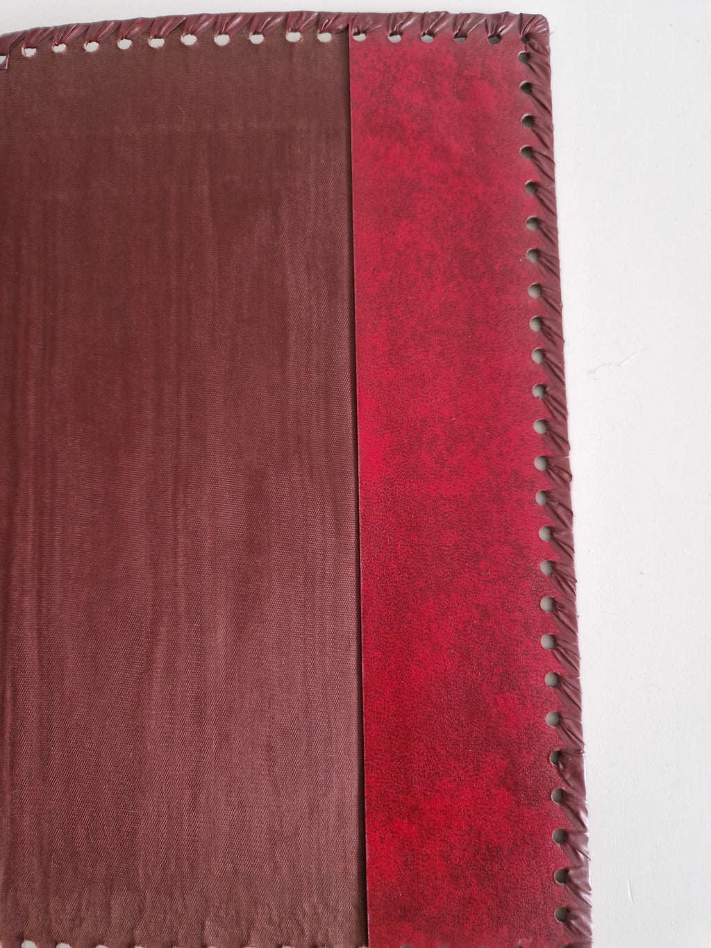 Vintage Hand-Tooled Crimson Leather Book / Journal Cover – Embossed Floral Bouquet & Gold Border | Whipstitch Edge | 20 × 14 cm