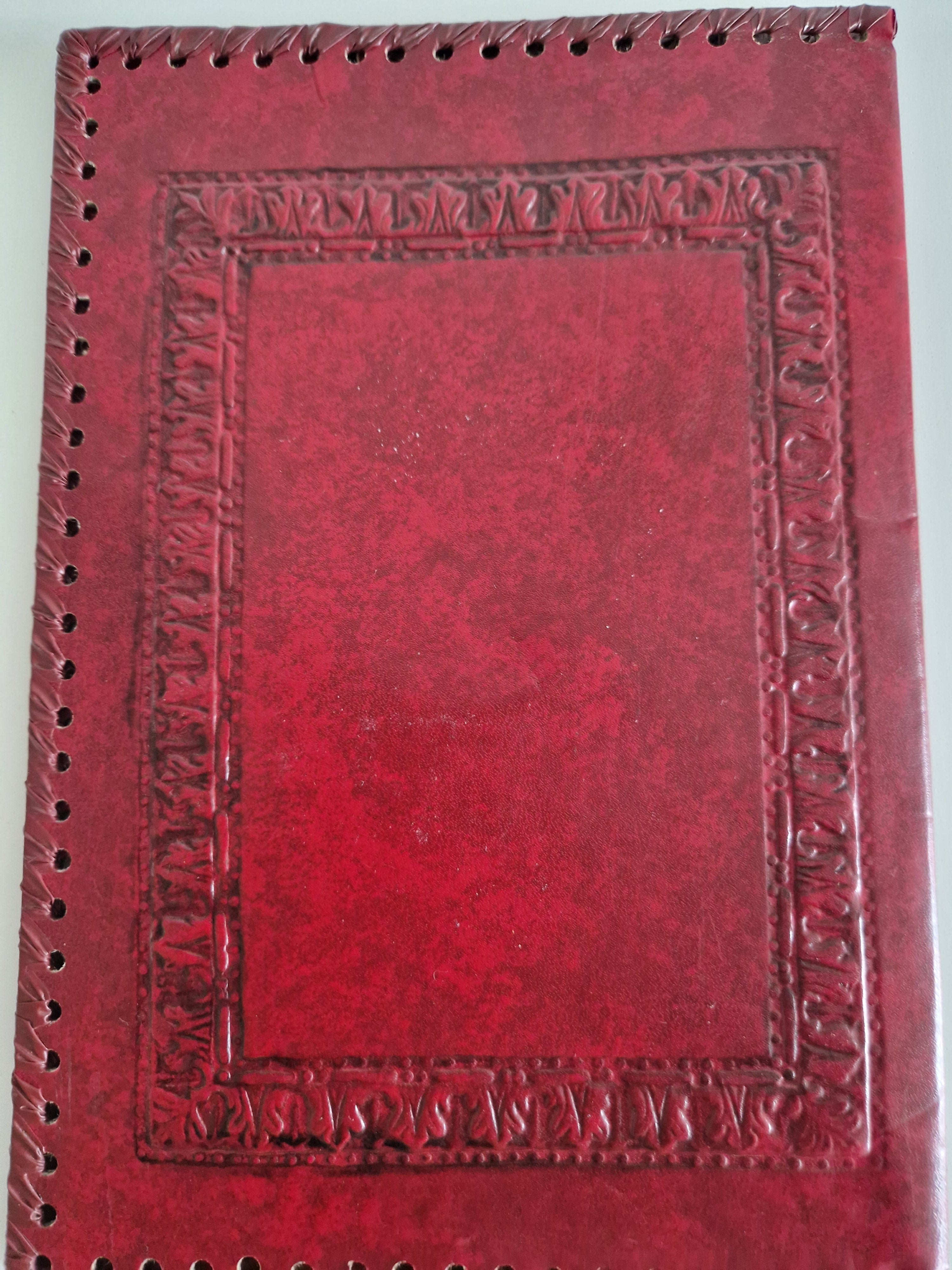 Vintage Hand-Tooled Crimson Leather Book / Journal Cover – Embossed Floral Bouquet & Gold Border | Whipstitch Edge | 20 × 14 cm