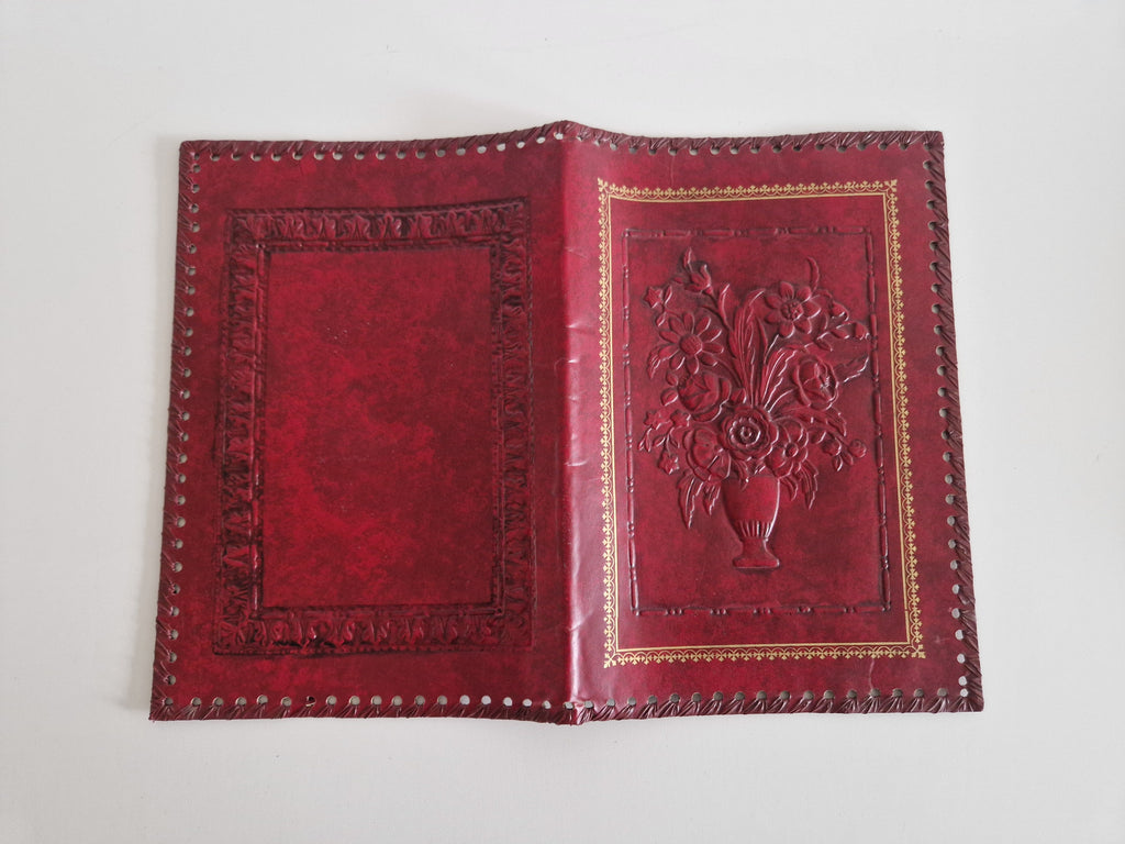 Vintage Hand-Tooled Crimson Leather Book / Journal Cover – Embossed Floral Bouquet & Gold Border | Whipstitch Edge | 20 × 14 cm