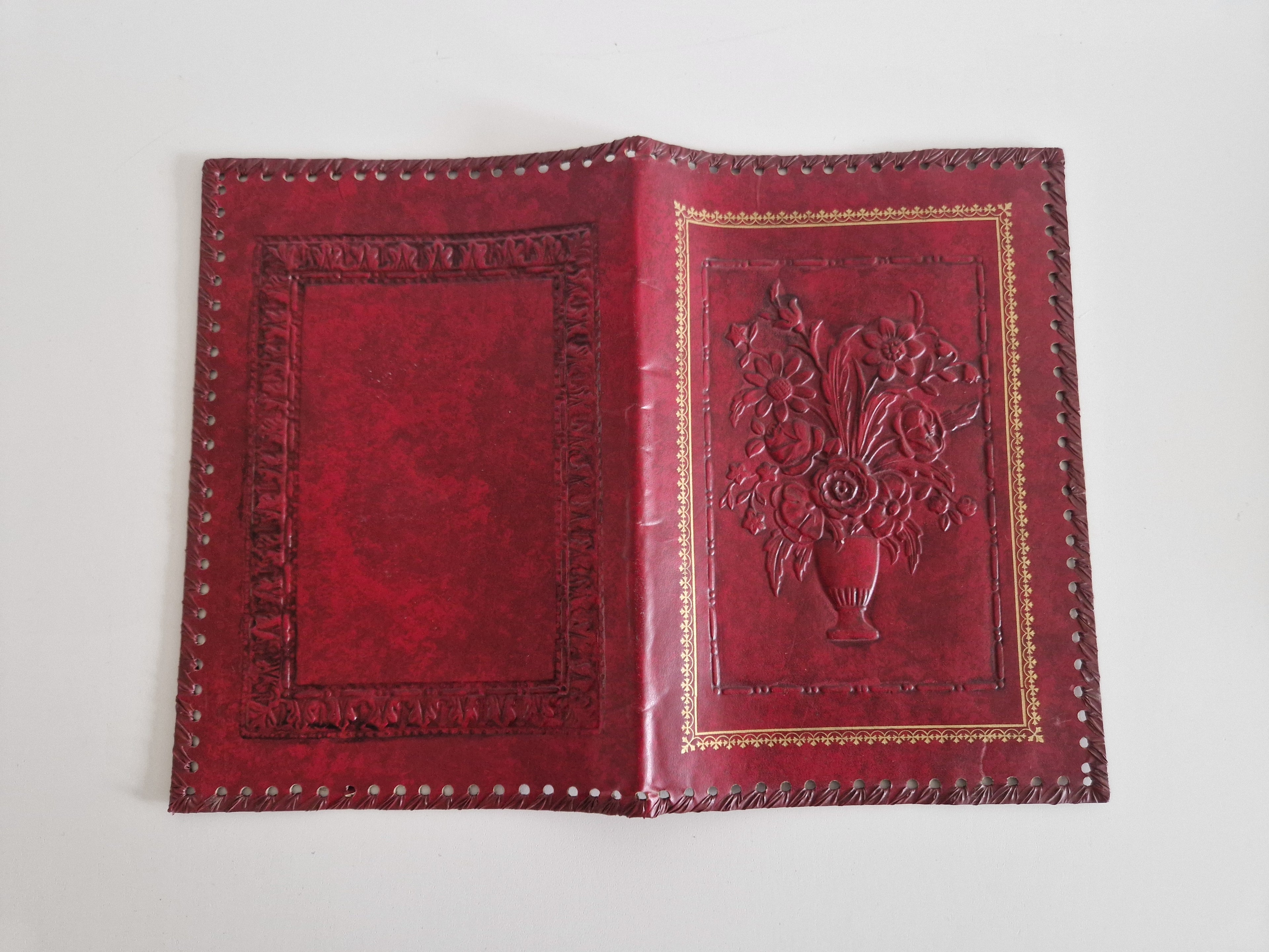 Vintage Hand-Tooled Crimson Leather Book / Journal Cover – Embossed Floral Bouquet & Gold Border | Whipstitch Edge | 20 × 14 cm