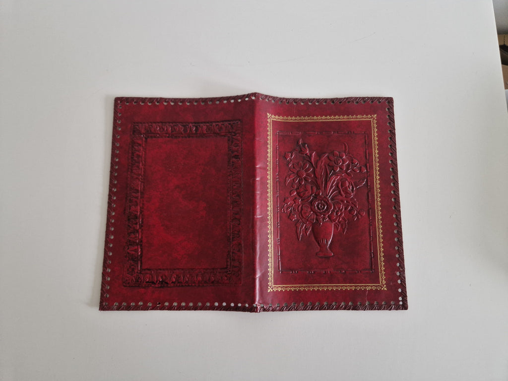 Vintage Hand-Tooled Crimson Leather Book / Journal Cover – Embossed Floral Bouquet & Gold Border | Whipstitch Edge | 20 × 14 cm