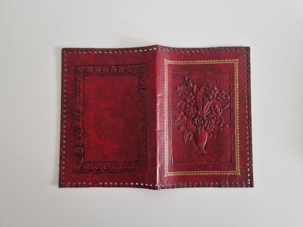 Vintage Hand-Tooled Crimson Leather Book / Journal Cover – Embossed Floral Bouquet & Gold Border | Whipstitch Edge | 20 × 14 cm