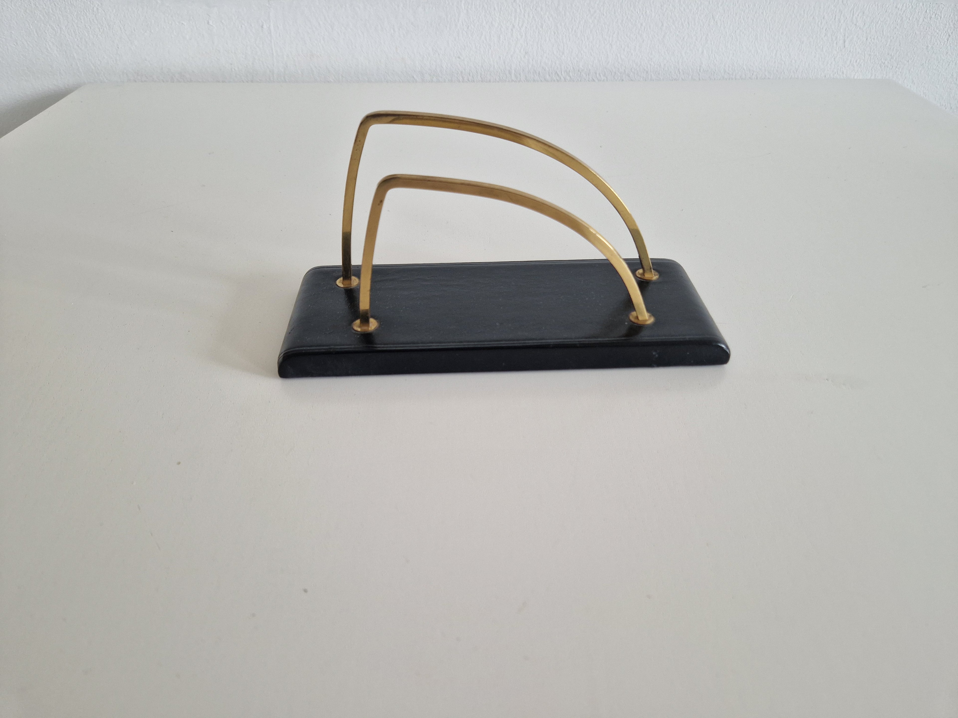 Vintage Mid-Century Brass & Black Lacquered Wood Desk Letter Holder