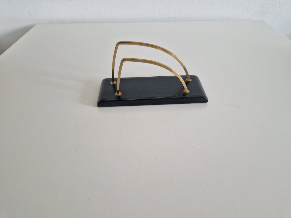 Vintage Schreibtisch-Briefständer aus Messing und schwarz lackiertem Holz im Mid-Century-Stil