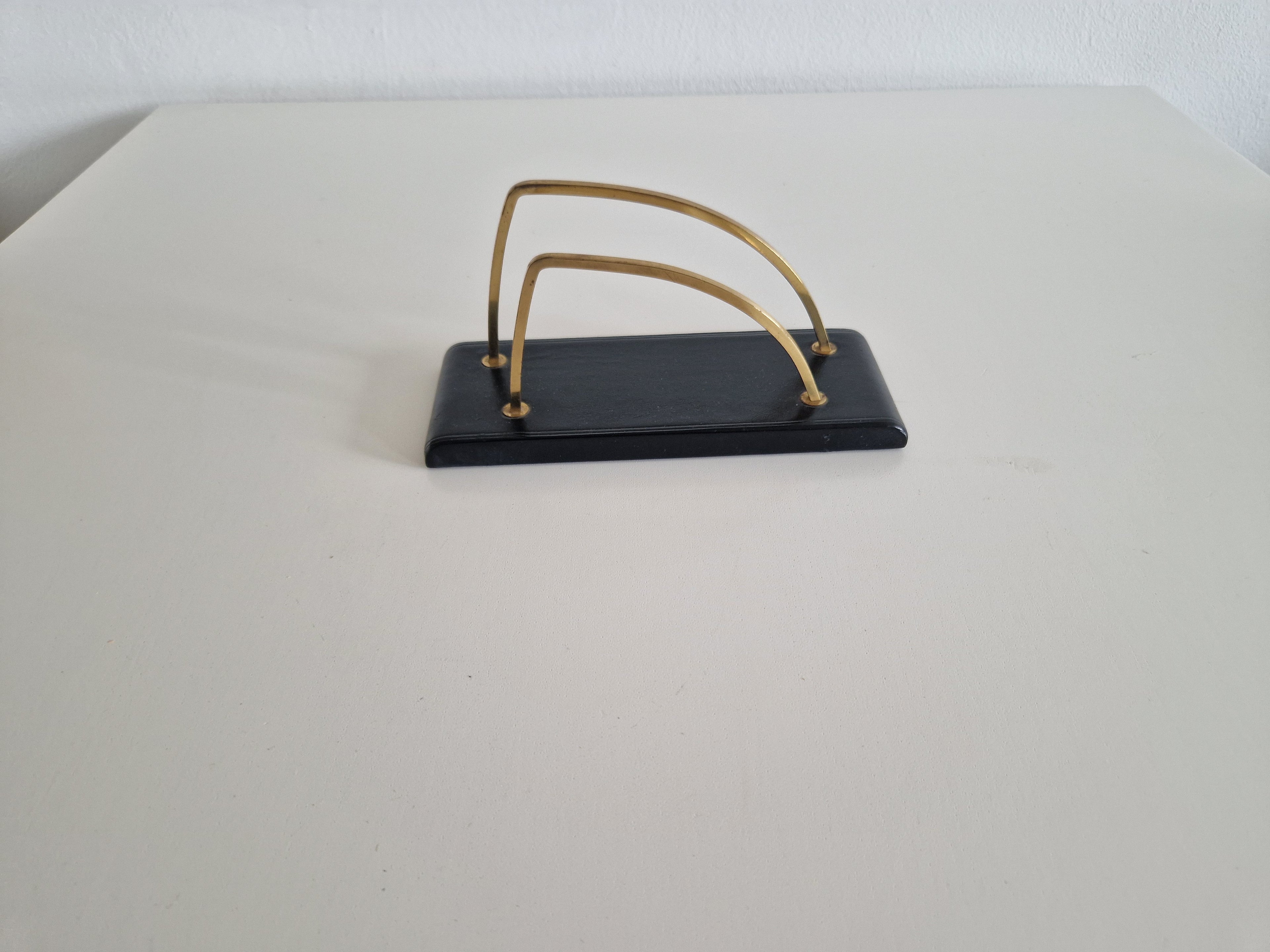 Vintage Mid-Century Brass & Black Lacquered Wood Desk Letter Holder