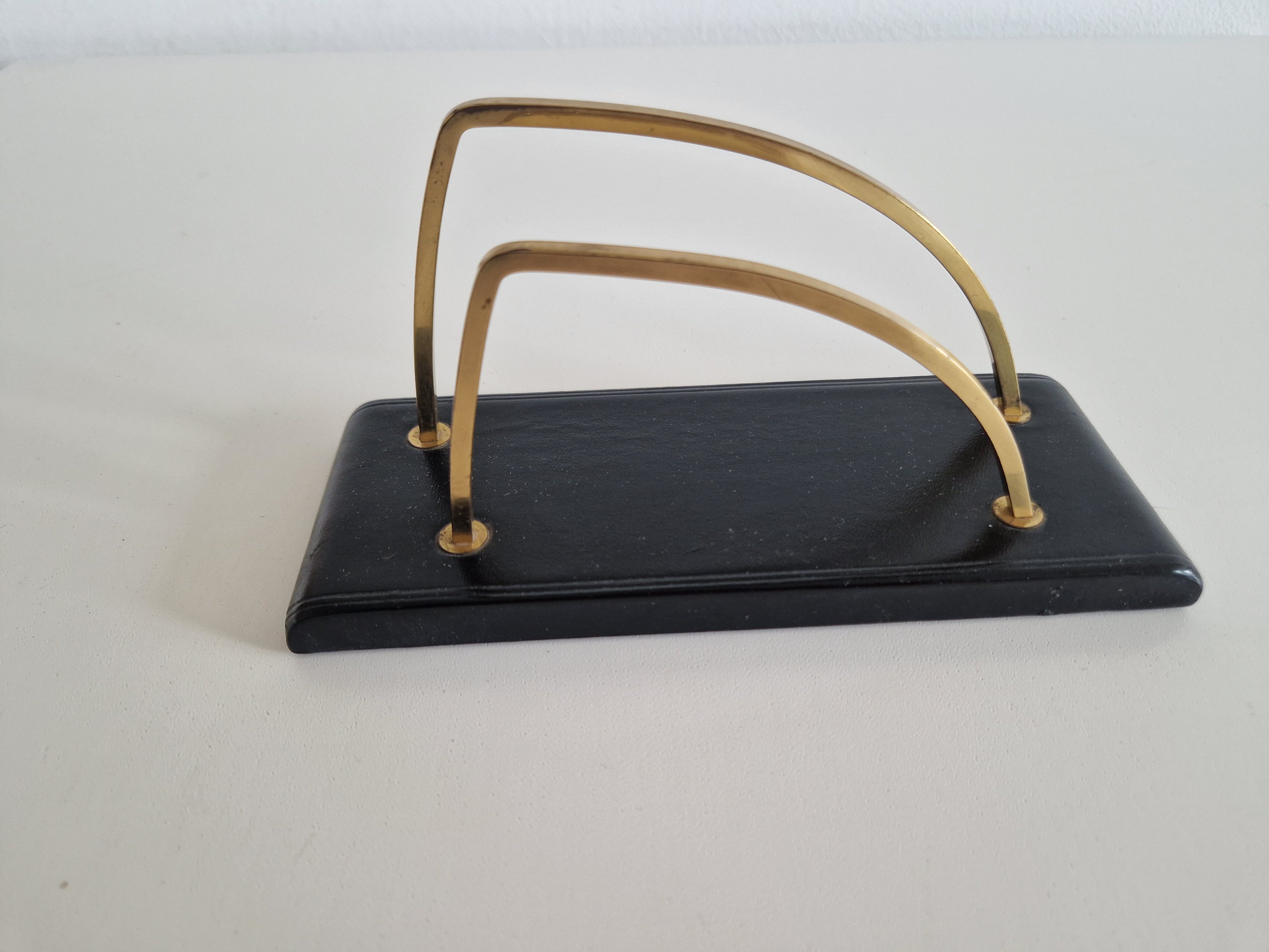 Vintage Mid-Century Brass & Black Lacquered Wood Desk Letter Holder