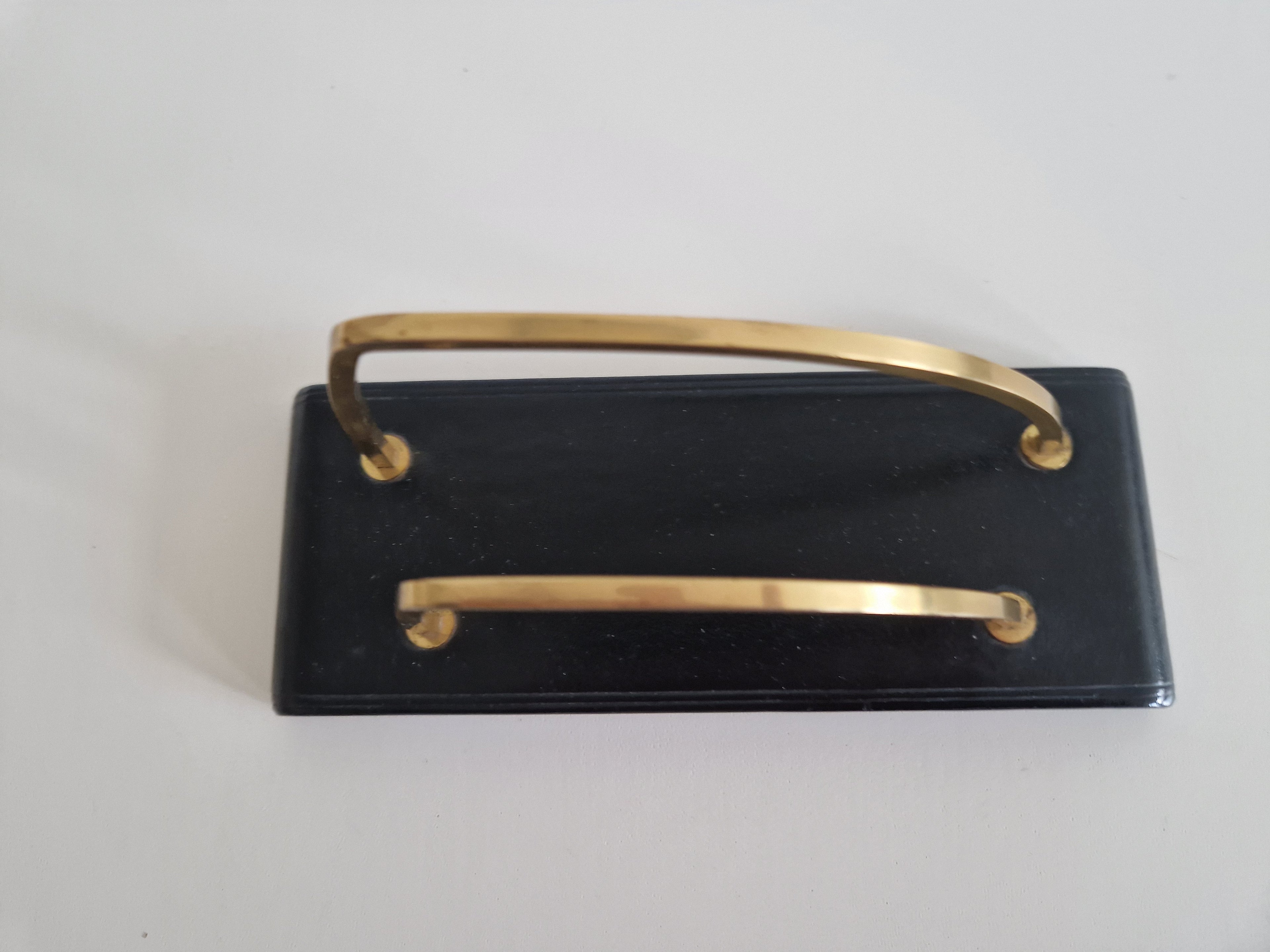 Vintage Mid-Century Brass & Black Lacquered Wood Desk Letter Holder